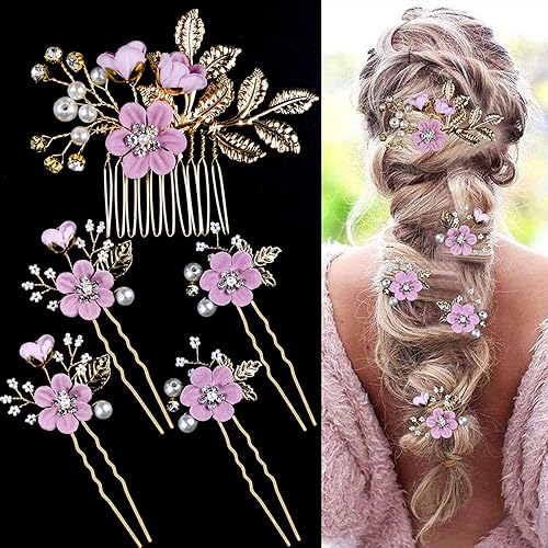 5 horquillas para el pelo de boda con flores de cristal, perlas de cristal, accesorios para el cabello, joyería con diamantes de imitación para