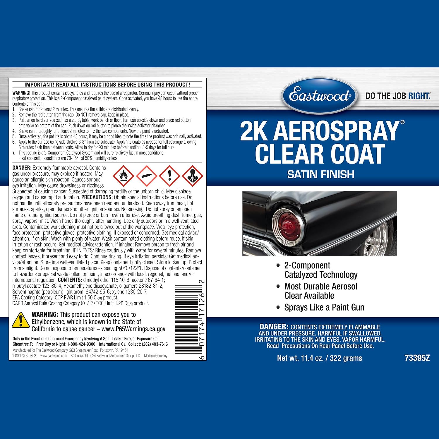 Eastwood 2k Aerospray Paint Aerosol Spray Automotive with Long-lasting and Durable Finish | Satin Clear Coat | 1 Pack