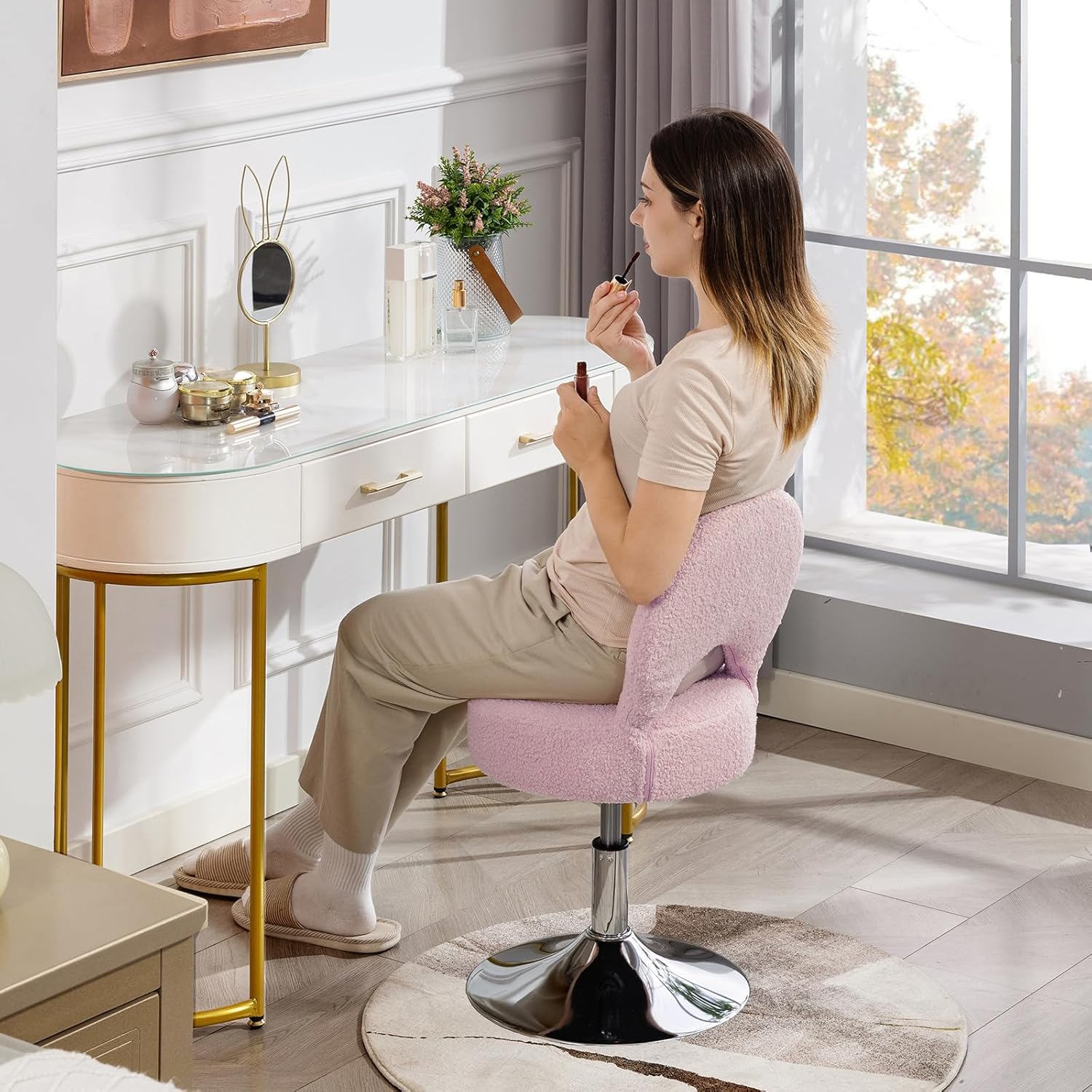 Adjustable Vanity Chair, 360° Swivel Vanity Stool with Folding Back for Makeup, Comfy Teddy Ottoman Stool for Bedroom, Dressing Room