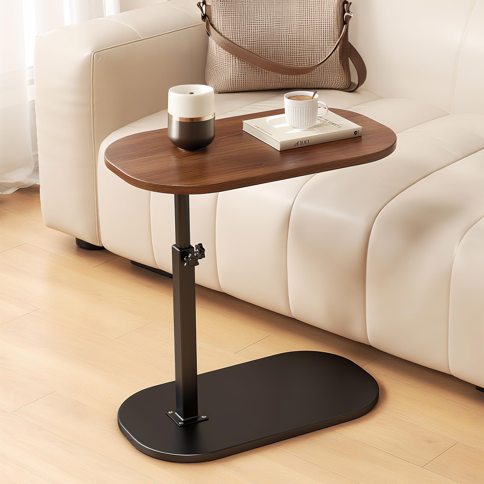 liameya Adjustable Height C Shaped Side Table, 360°Swivel Laptop Tv Tray Desk for Couch and Bedside, Lifting Narrow Coffee Dinner Table for for Living Room Bedroom, Small Under Sofa Table(walnut)