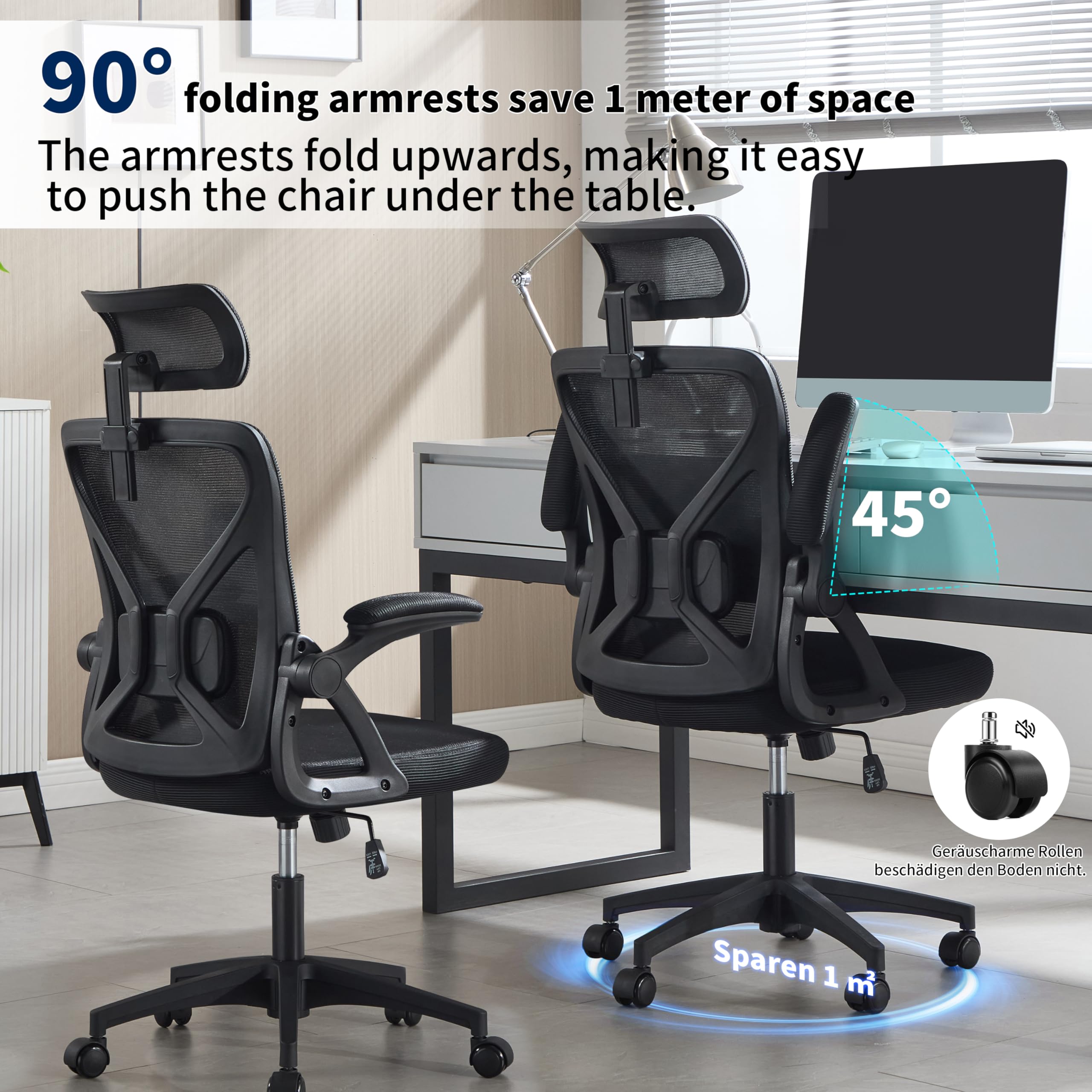 Fizzin Bürostuhl Ergonomischer Wippfunktion bis 125°,180kg | Schreibtischstuhl mit verstellbare Kopfstütze,Armlehnen & Lendenstütze Chefsessel Mesh für Büro, Gaming & Homeoffice, Schwarz