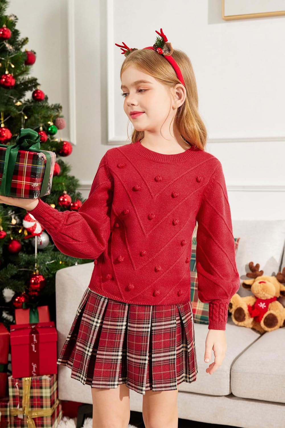 Arshiner Kid Girls Crew Neck Lantern Sleeve Sweater Cute Jumper Top Pullover Outwear 5-13 Years - Image 2