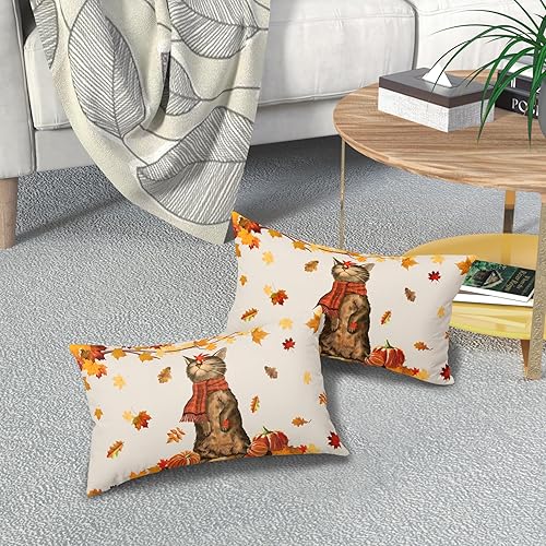 Miniatura 7 de Juego de 2 fundas de almohada lumbar de otoño de 12 x 20 pulgadas con hojas de arce naranja y calabaza, juego de 2 fundas de cojín de lino de Acción
