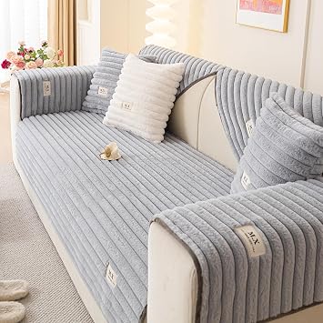 Fuzzy Sectional Couch Cover for Sofa, Plush Warm Sofa Covers Washable for 3-4 Seat Cushion Couch,Non-slip Slipcover Sofa Covers for Pets Dogs Furniture Protector(1PC,Grey,35x83)