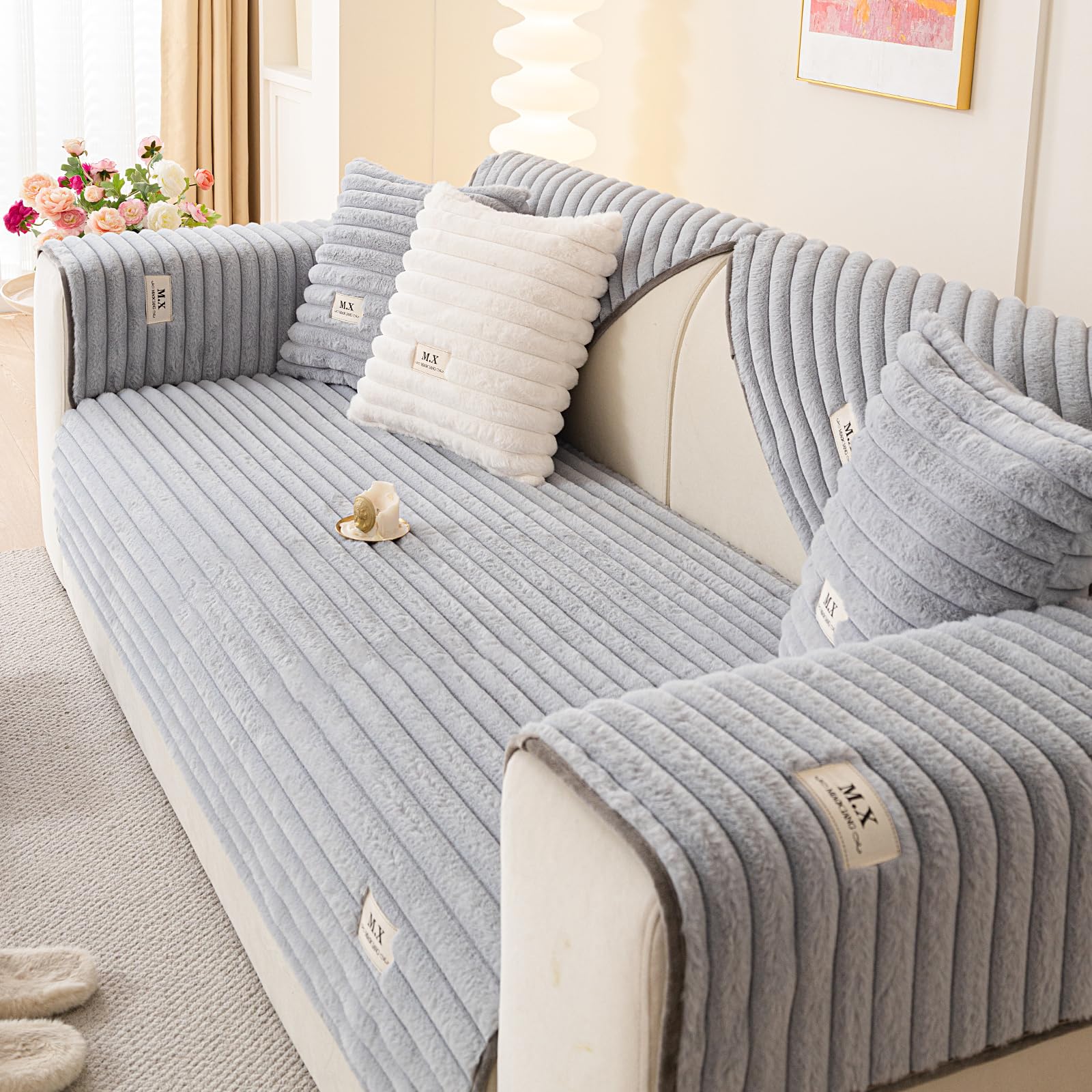 tianxinbaobei Fuzzy Sectional Couch Cover for Sofa, Plush Warm Sofa Covers Washable for 3-4 Seat Cushion Couch,Non-slip Slipcover Sofa Covers for Pets Dogs Furniture Protector(1PC,Grey,35"x83")