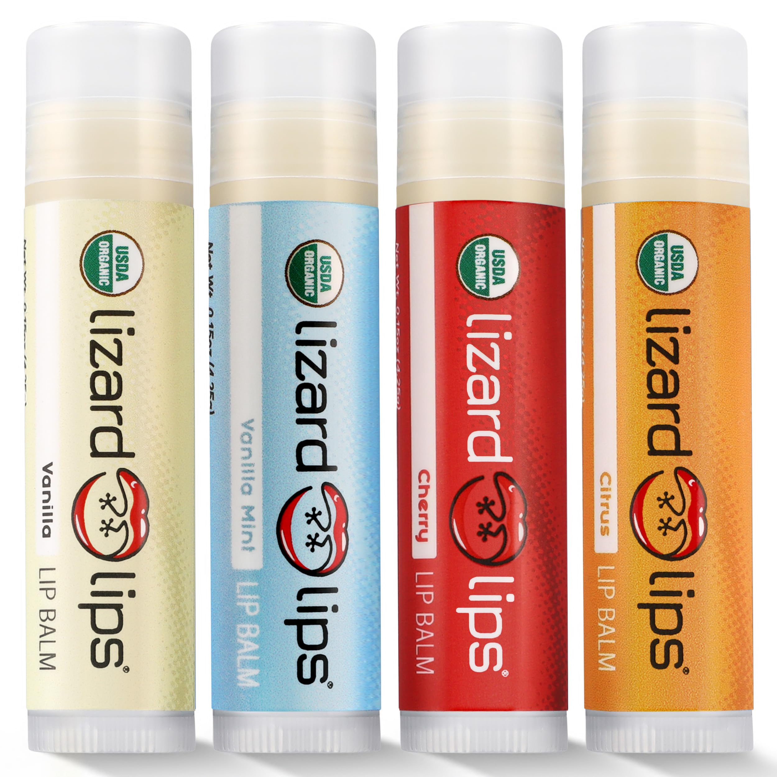 LizardLips Natural Lip Balm Set of 4 ;USDA Certification Lip Moisturizer; Vanilla, Vanilla Mint, Cherry, Citrus; Travel-Friendly Everyday Care; Fun