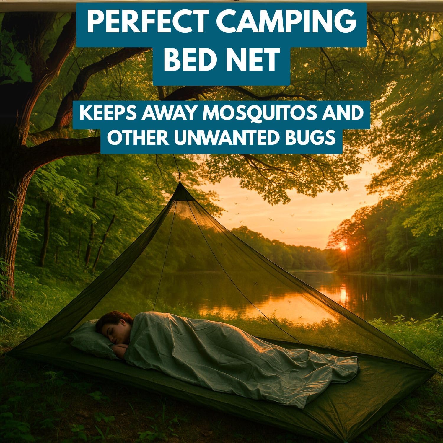 The Friendly Swede Outdoor Mosquito Net — Mosquito Netting for Camping & Bed - Army Green Bug Net with Stuff Sack, 4 Ground Stakes & Adjustable Cord - Single Bug Tent