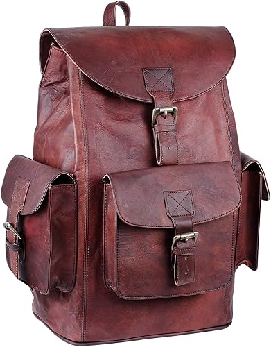 Mochila vintage de cuero genuino para hombres y mujeres, mochila clásica retro para el hombro, bolsas de viaje de cuero para la universidad, Marrón,