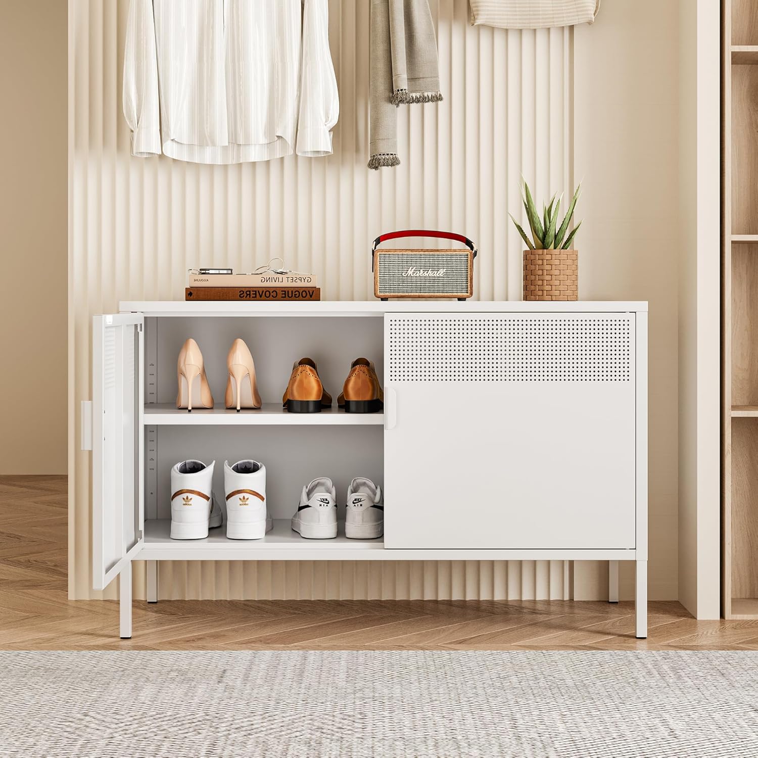 Metal Storage Cabinet with Doors,White Accent Cabinet,Metal Locker Storage Cabinets,2 Door TV Media Stand with Removable Shelves for,Home,Office,Entryway,Living Room White 25.2"Height