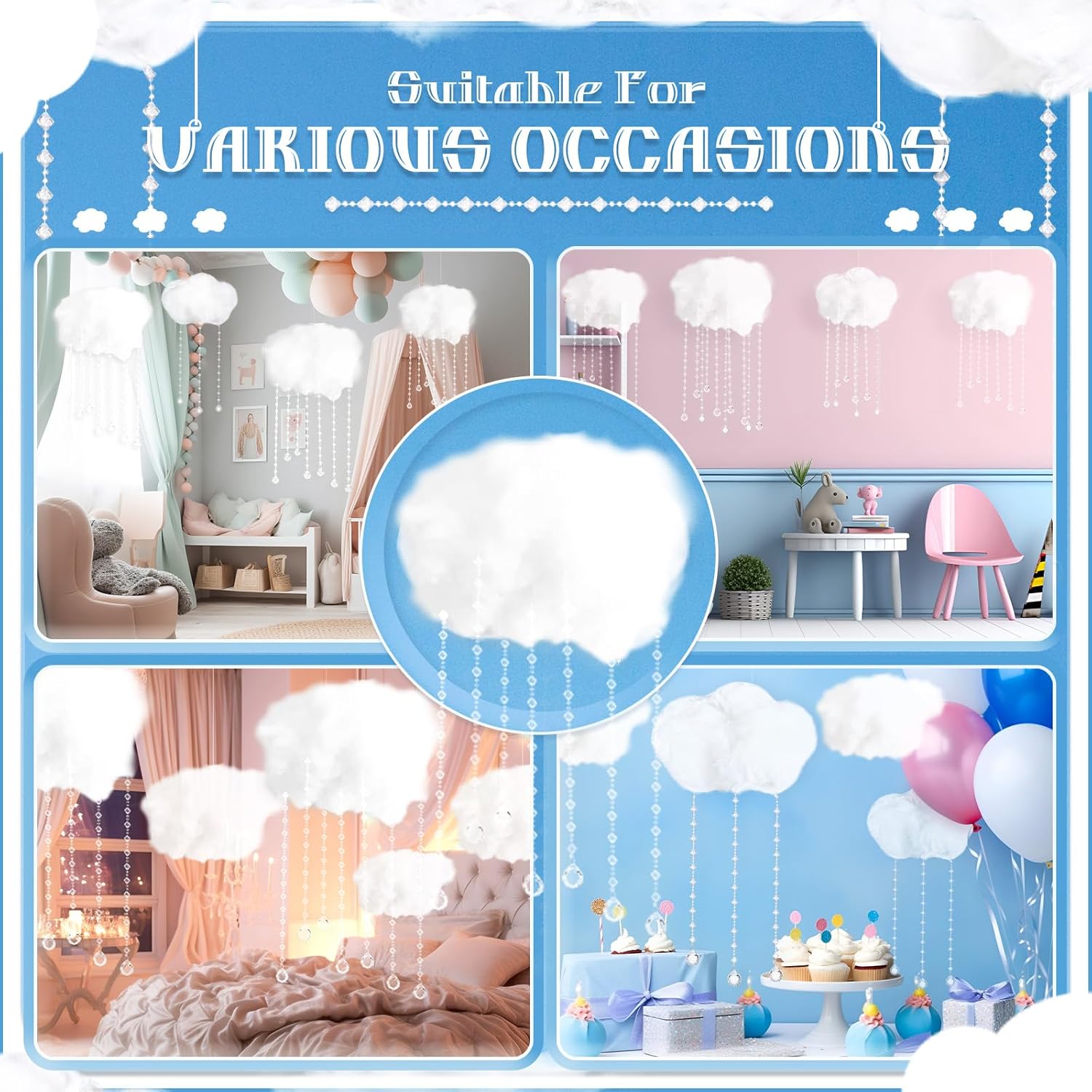 9 Sets Artificial Cloud Props Ceiling Cloud Decorations with Sun Catching Crystals 3D Hanging Fake Clouds Cotton for Bedroom Living Room Ceiling Baby Shower Party Wedding DIY Hanging Ornament