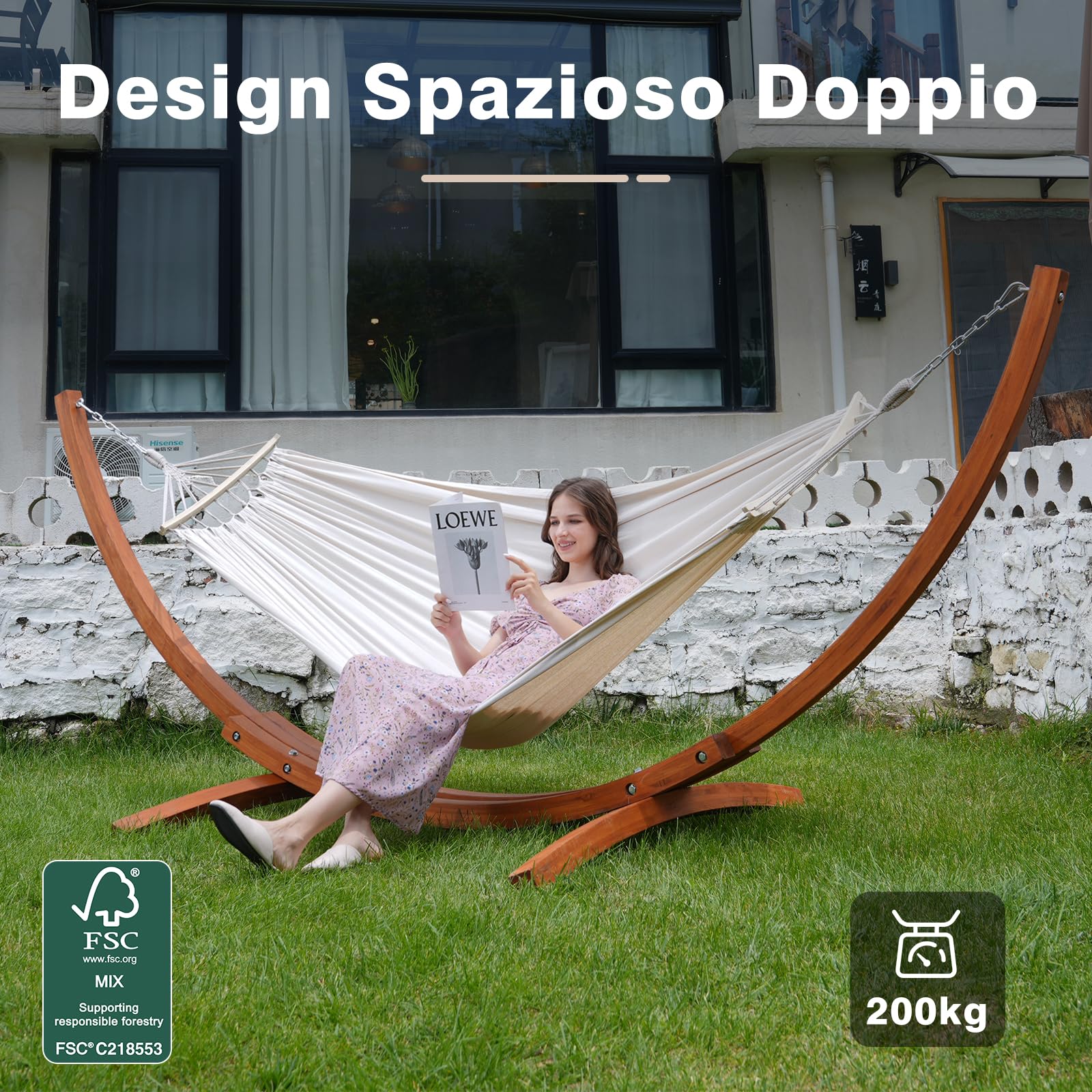 Amaca con Supporto in Legno, Incluye 2 Amache, Portata 200 kg, Medidas 320×120×120 cm, Telaio Arcuato Stabile in Legno, Regolabile in Altezza, per Giardino, Terrazzo e Balcone