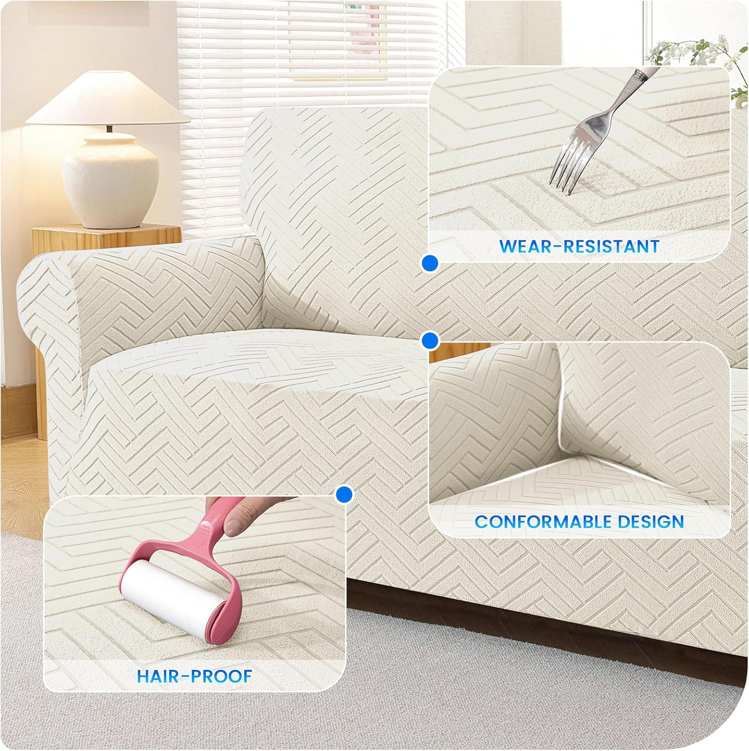 Stretch Sofa Slipcover 1 Piece Couch Sofa Cover,31"-46" Non Slip Soft Couch Sofa Cover Washable Furniture Protector with Non Skid Foam and Elastic Bottom for Kids, Pets,Beige White