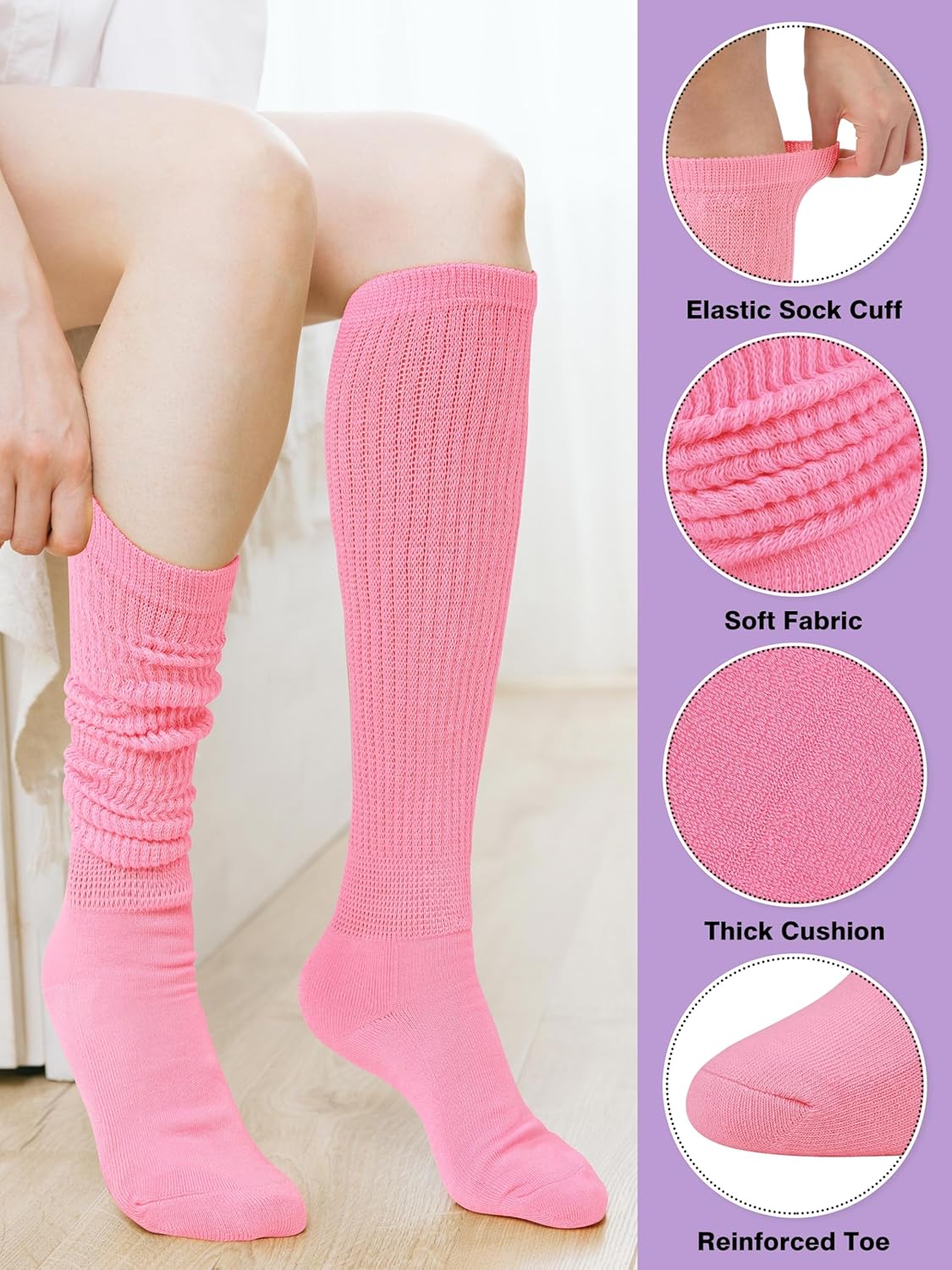 3/6 Pairs Womens Slouch Socks Soft Breathable Scrunch Knee High Extra Long Boot Socks Retro Comfortable Size 5-11 - Image 3