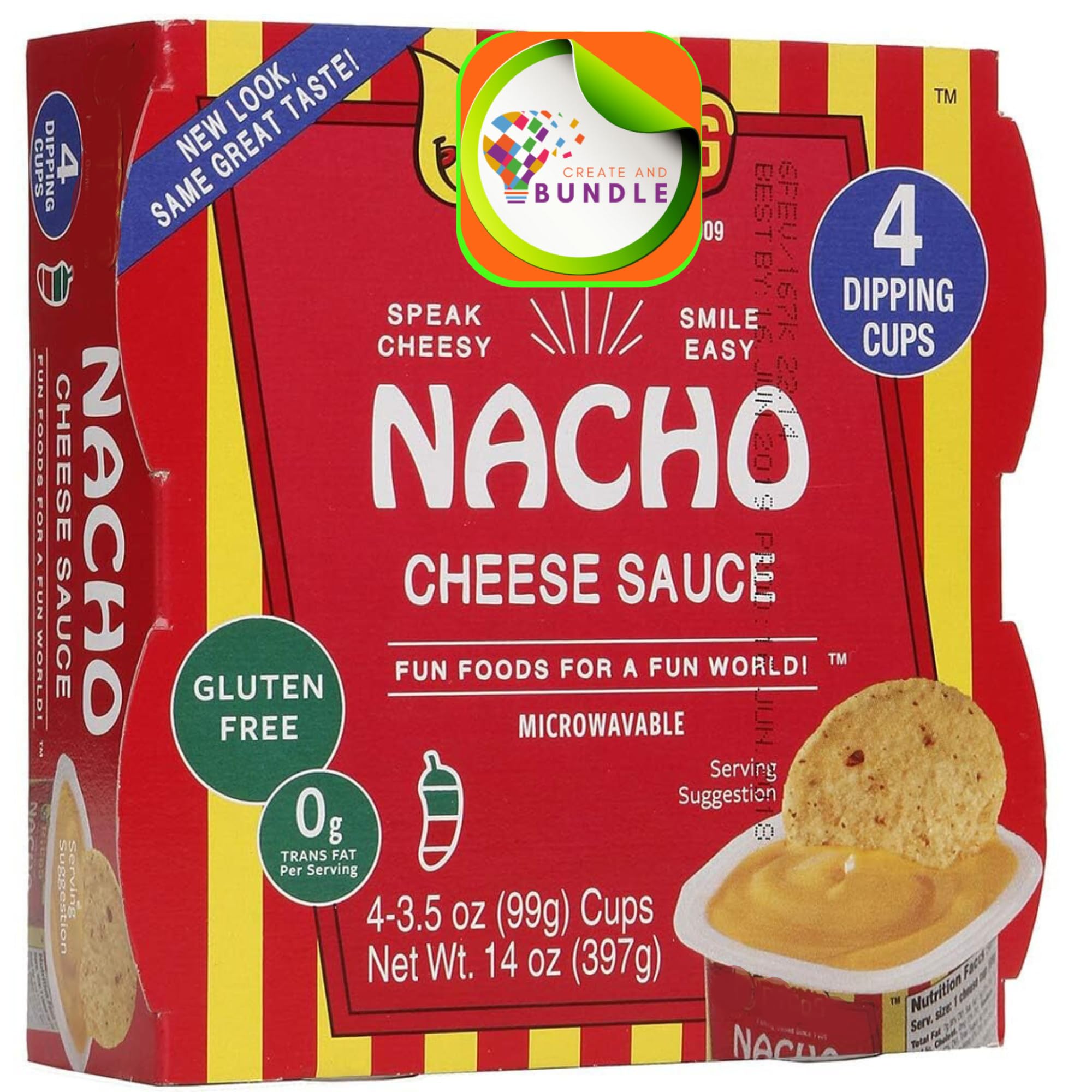 Nacho Cheese Dip 14 oz Total – 4 Individual Cups 3.5 oz Each – Snack for Nachos, Parties, Lunches – Includes CreateAndBundle Sticker