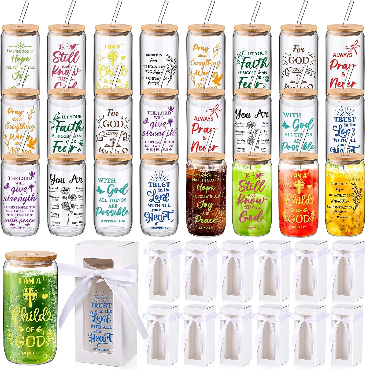 24 Set Christian Gifts Bulk Employee Appreciation Gifts for Staff Coworker 16 oz Religious Bible Glass Cups with Lids and Straws with Gift Box Ribbon for Friends Nurse Teacher(Christian)