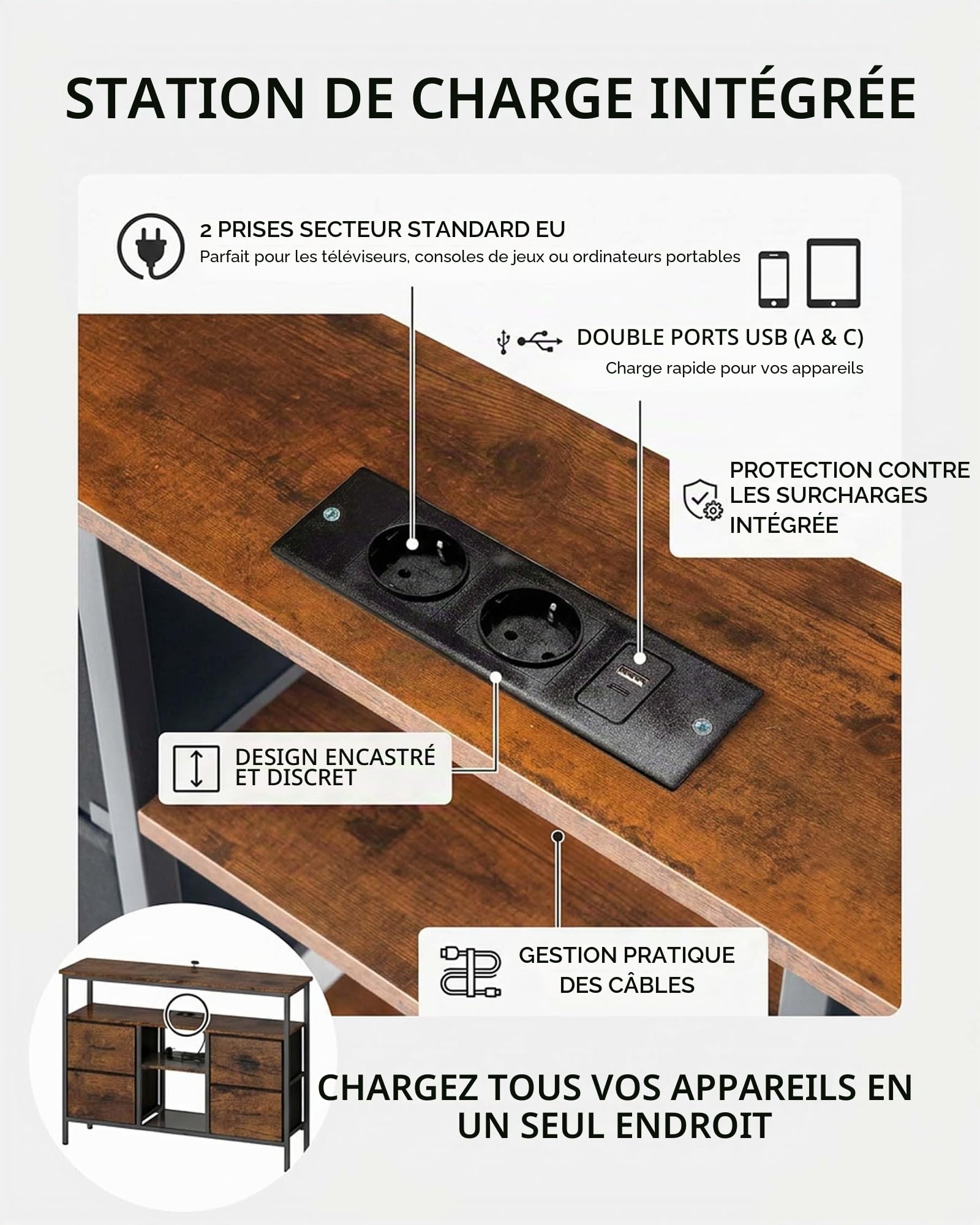 Meuble TV LED Meuble Télé Industriel Noir et Bois 110×30×78cm | PRISES ET RANGEMENT Deux prises et deux ports USB avec câble d’alimentation plus 4 tiroirs en tissu pour un usage quotidien