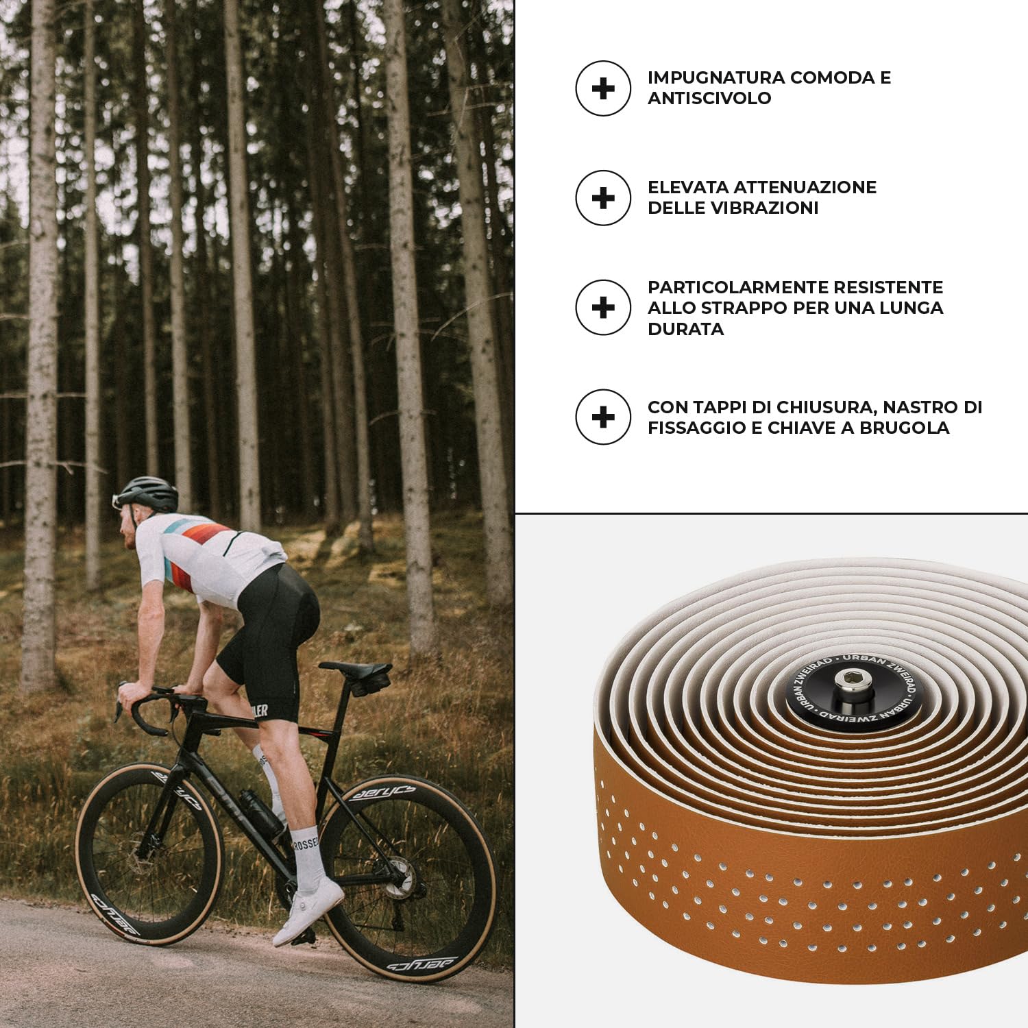 URBAN ZWEIRAD Premium Extra Dry - Nastro manubrio bici corsa - Nastro bici da corsa manubrio autoadesivo incl. terminali alluminio - nastro per manubrio bici da corsa e gravel (marrone)