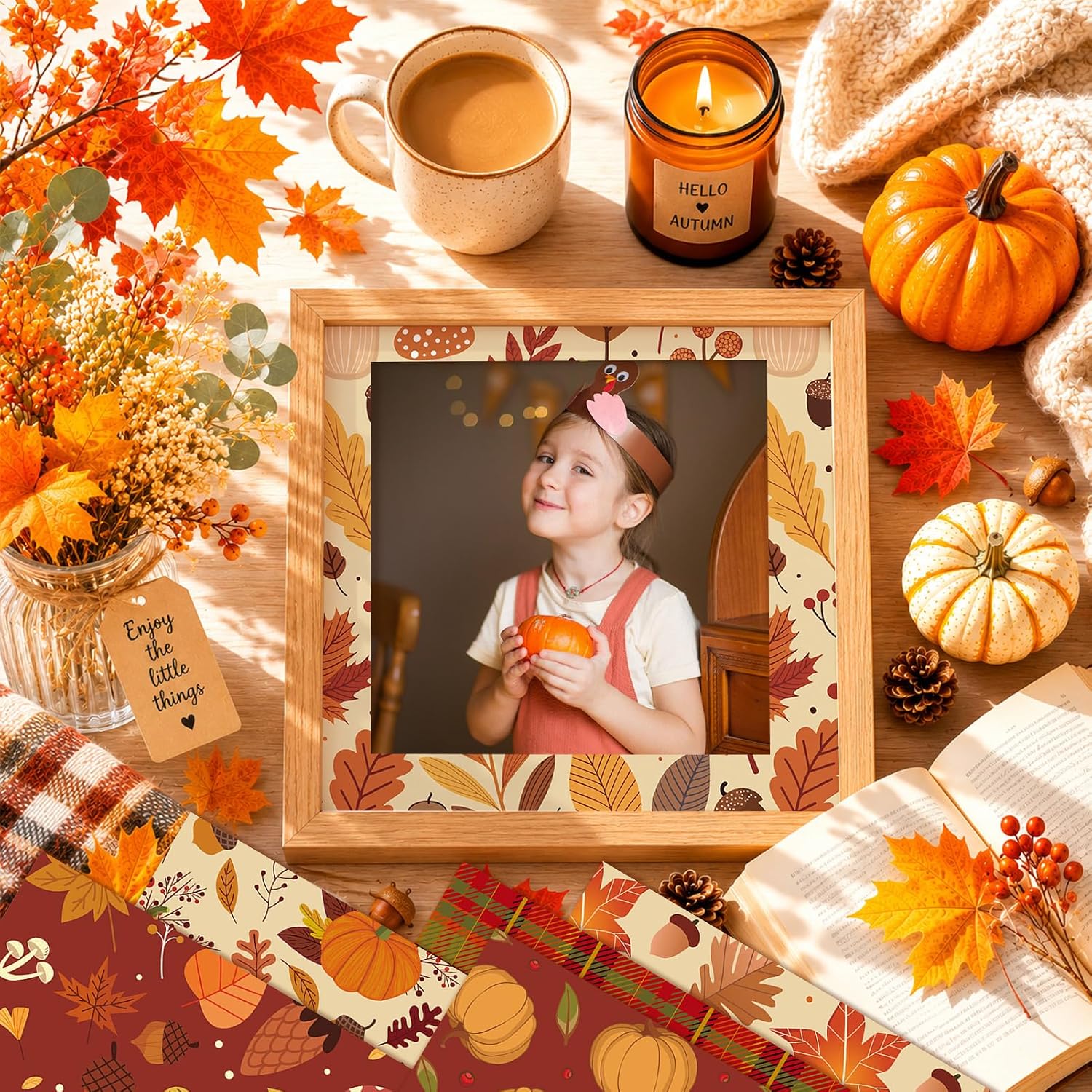 Konsait 24 Sheets Fall Autumn Pattern Paper 5.9"x5.9"Double Sided 12 Designs Pumpkin Maple Plaid Mushroom Acorn Leaf Decorative Paper for Junk Journal Scrapbook Autumn Handmade Crafts