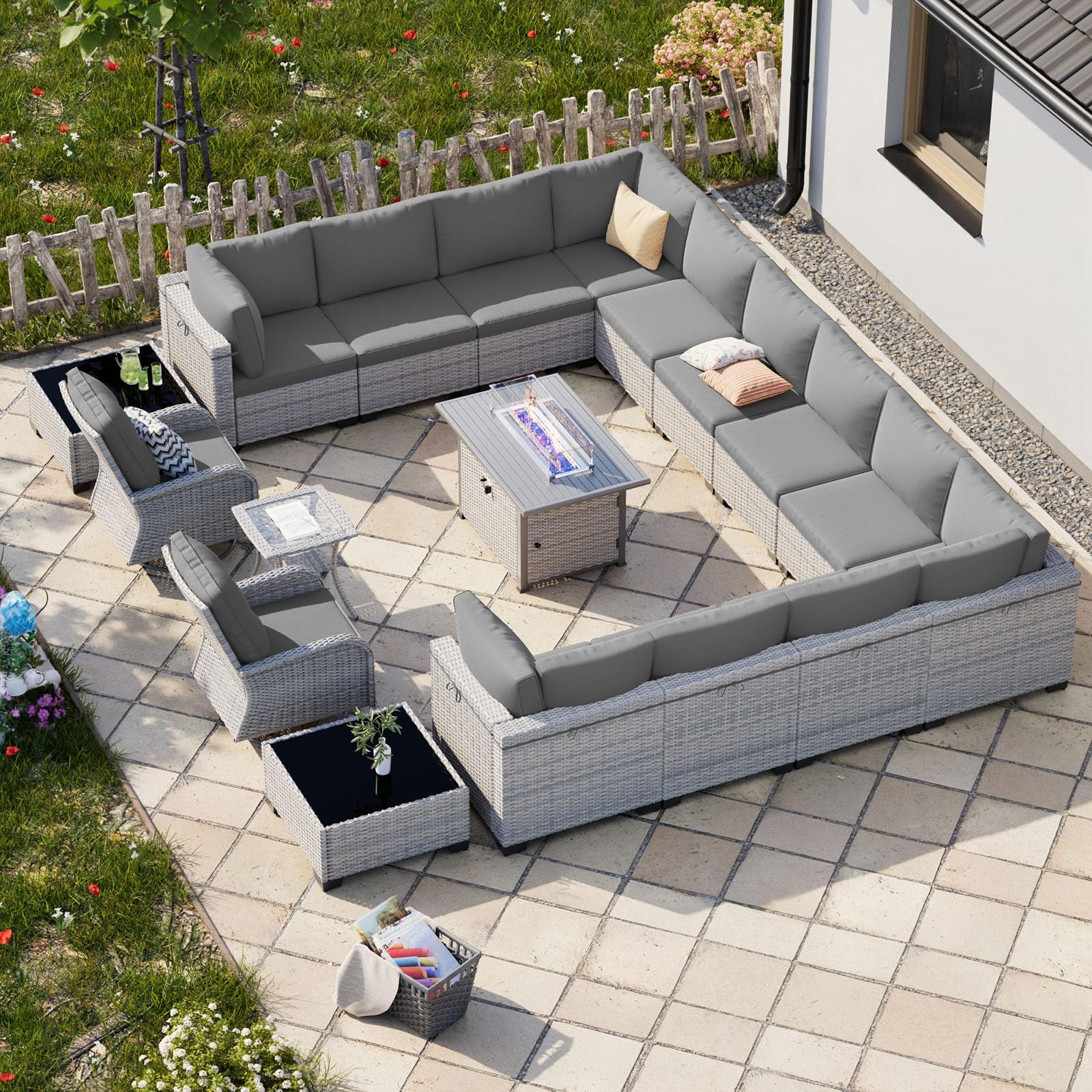 18-Piece Patio Furniture Set, Outdoor Patio Furniture with 55,000 BTU Fire Pit Table, Swivel Chairs Set, Thick Cushions, Modular Patio Sofa, Dual-Strand Wicker Rattan, Rust-Resistant Frame,Grey