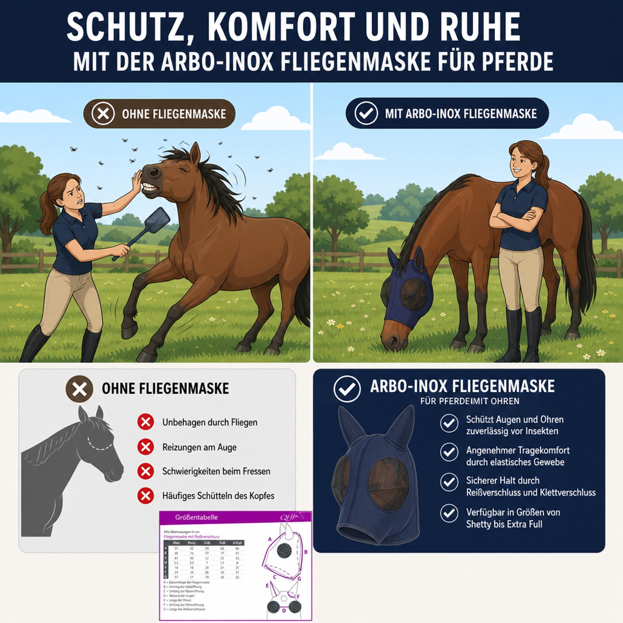 ARBO-INOX Fliegenmaske für Pferde mit Ohren – Sicherer Fliegenschutz auf der Weide – Elastisches Gewebe, Mesh an Augen, Reißverschluss, Navy