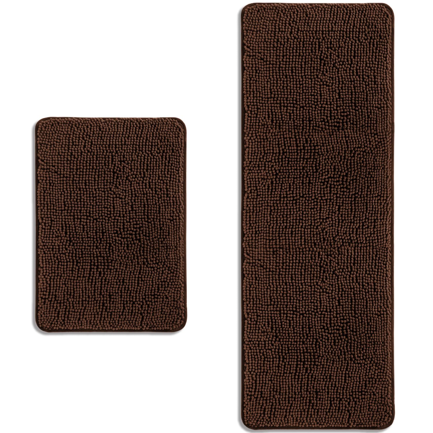 PureSwan Bathroom Rugs Sets 2 Piece – Absorbent and Washable Bath Mat, Non-Slip, Thick Soft Chenille Bath Rugs for Bathroom Floor, Shower, Sink(17" x 24"+17" x 47", Brown)