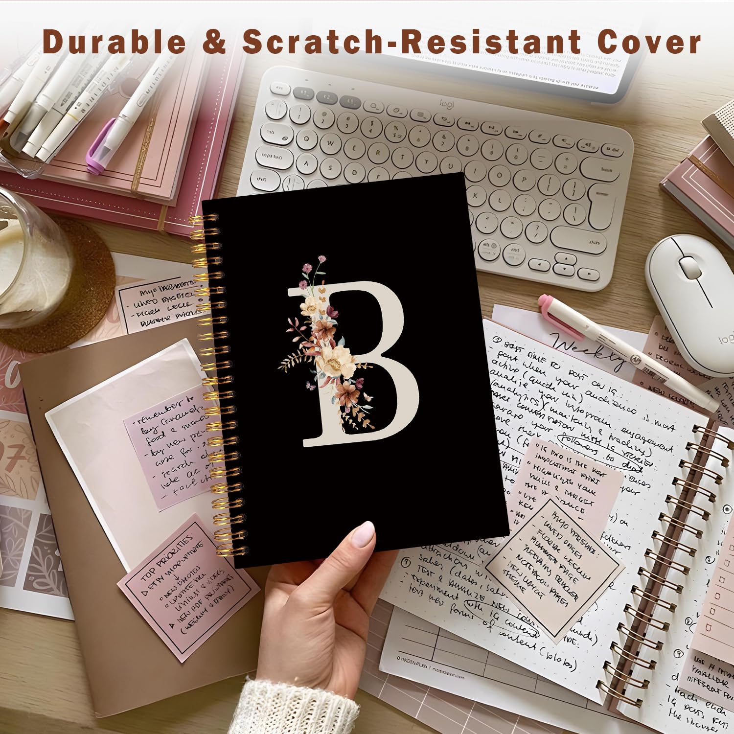 Lacama Simpatico diario scolastico con lettera B con iniziale, quaderno a spirale nero personalizzato con fiori di campo estetico, materiale scolastico, regali con monogramma personalizzato, regali di