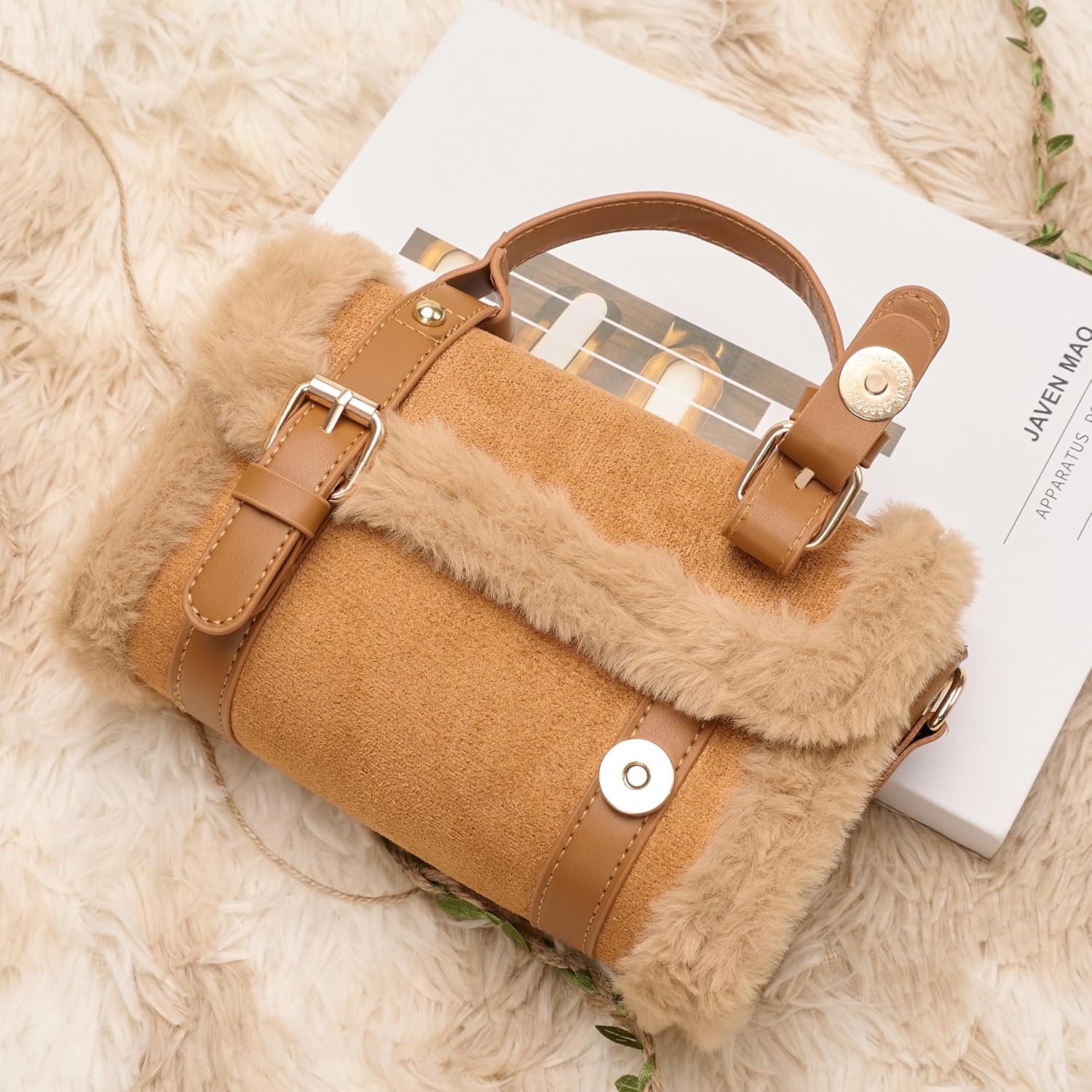chushui Fur Purse,Vintage-Revival Small Crossbody Bag,Top Handle Leather Handbag for Women