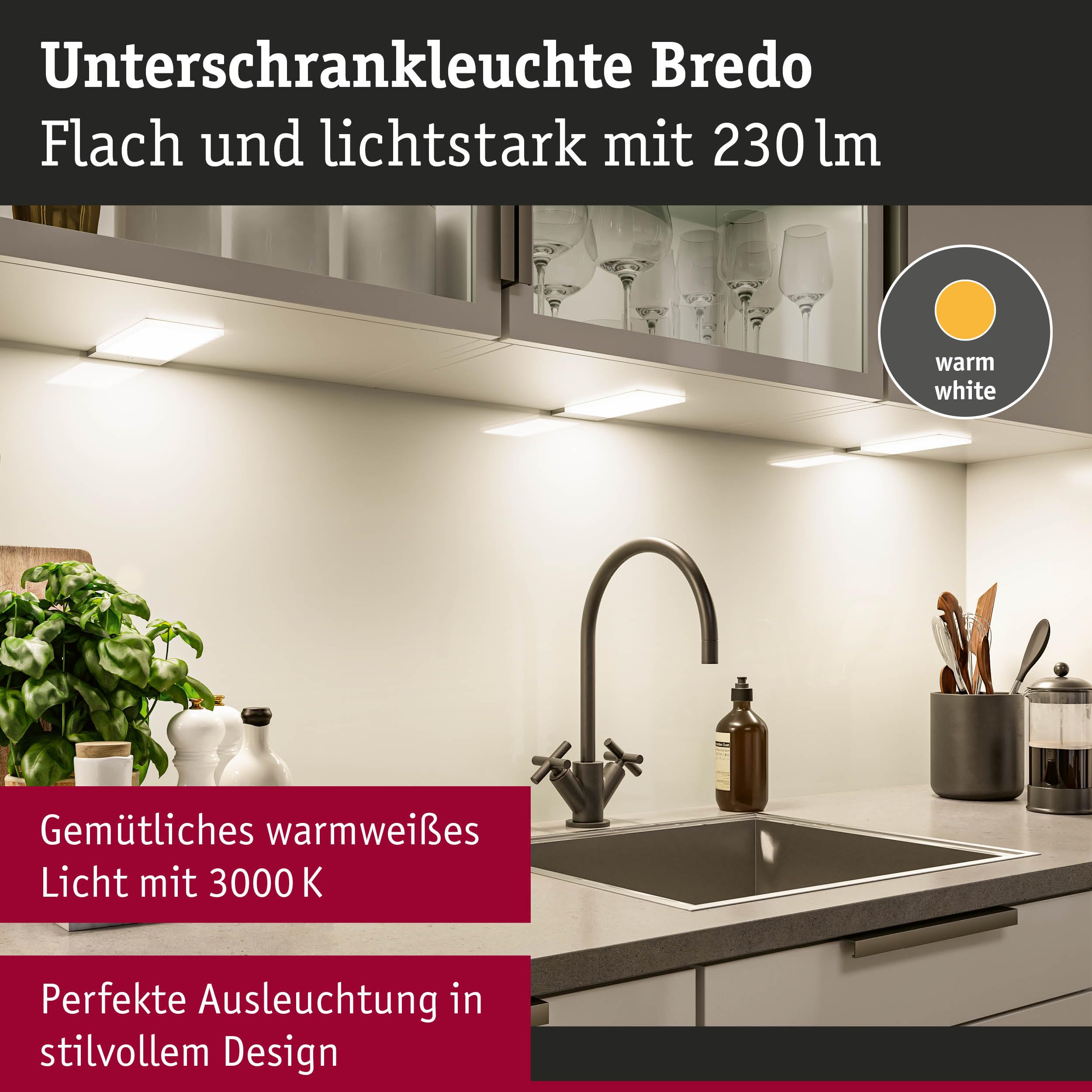 Paulmann 92121 LED Under Cabinet Bredo with Proximity Sensor Kit of 3 3000 K 2.5W 80x190 mm 180lm Silver Surface Mounted Light for Furniture - Image 3