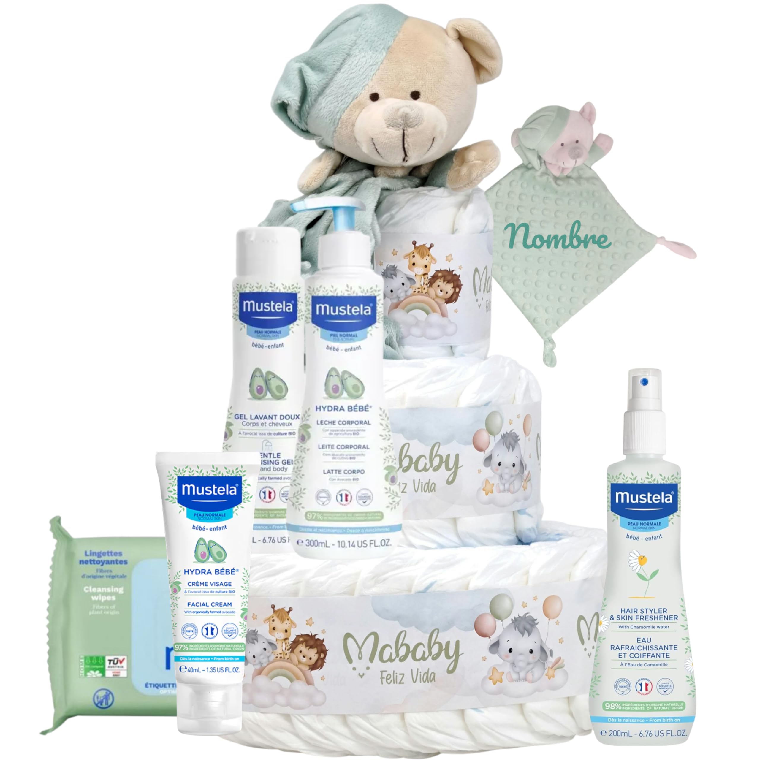 Tarta de Pañales Mis Primeros Cuidados con Doudou Osito Personalizado con Nombre Bordado, 42 Pañales Pingo Talla 2, Set de Aseo Bebé, Regalo Recién Nacido(Verde)