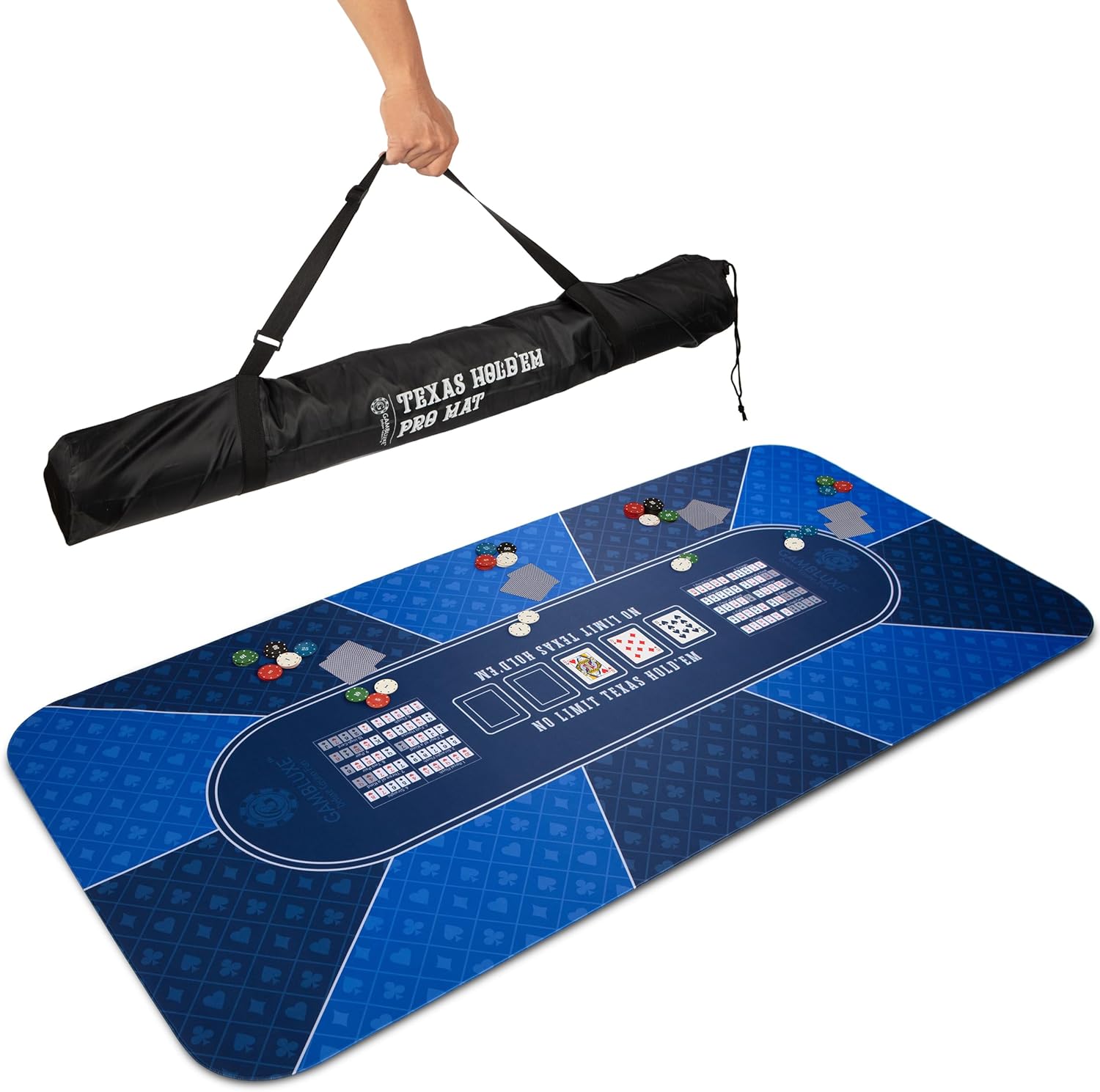 gambluxe 70"x35" / 47"x23" professional poker mat for table - smooth water repellent poker top for table nonslip portable texas hold'em poker mat + carrying/storage bag for poker games, (blue) 70x35 inch - blue