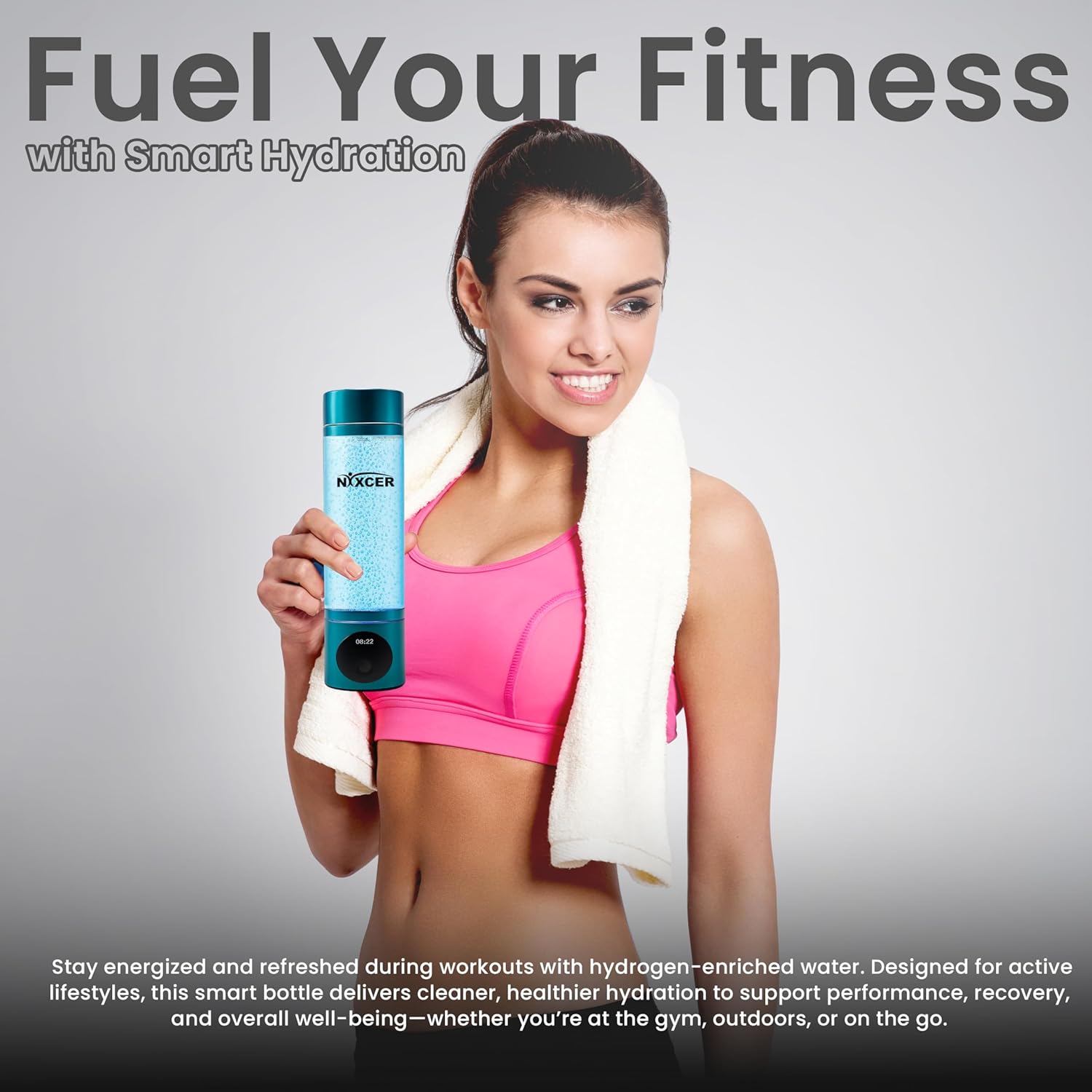 Hydrogen Pro Water Bottle – 8000PPB H2, SPE/PEM, OLED Display, Dual Mode (5/10 Min), USB-C Rechargeable – Portable Hydrogen Generator for Wellness, Recovery, Gym & Gift (Turquoise)