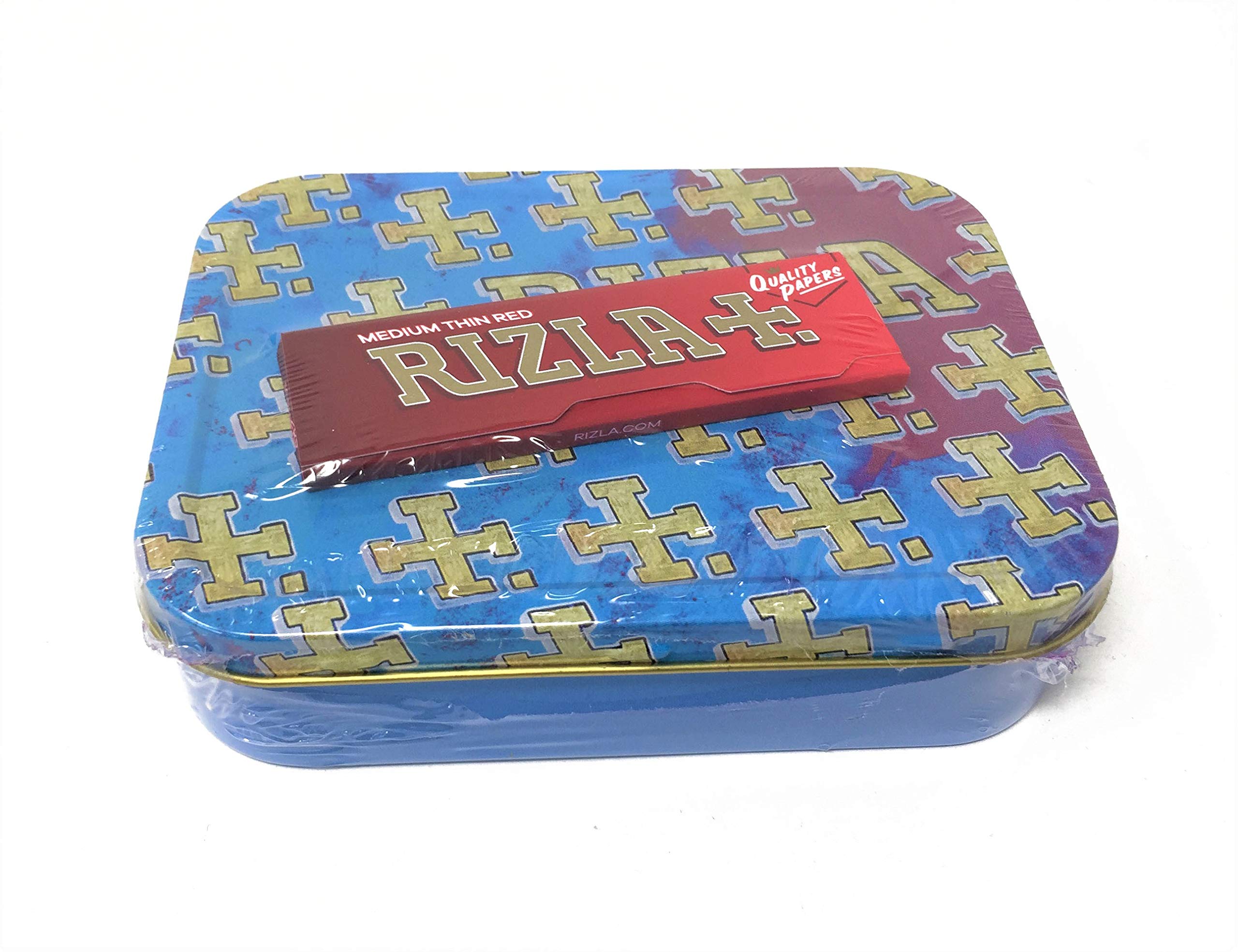 RizlaTobacco Tin & RIZLA Regular Papers Tobacco Storage Box Smoking Accessory by Premier Life (Large 2oz Blue/Purple)