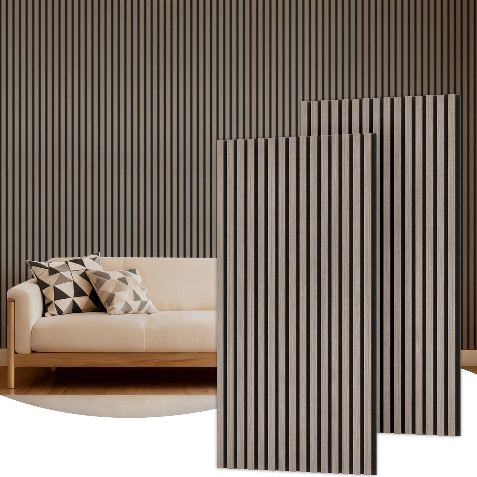 TONOR Akustikpaneele holz, 2 Stück 120 x 60cm - 1,44m² Wandpaneele holz Holzpaneele wand als Schallschutzplatten, Wandverkleidung Holzoptik für Wanddeko Wohnzimmer, Büro, Küche, Grau