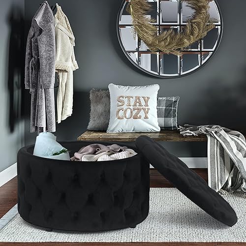 Miniatura 4 de Joveco Otomana redonda de almacenamiento, otomana tapizada con botones y parte superior extraíble, banco de almacenamiento, mesa auxiliar, Negro,