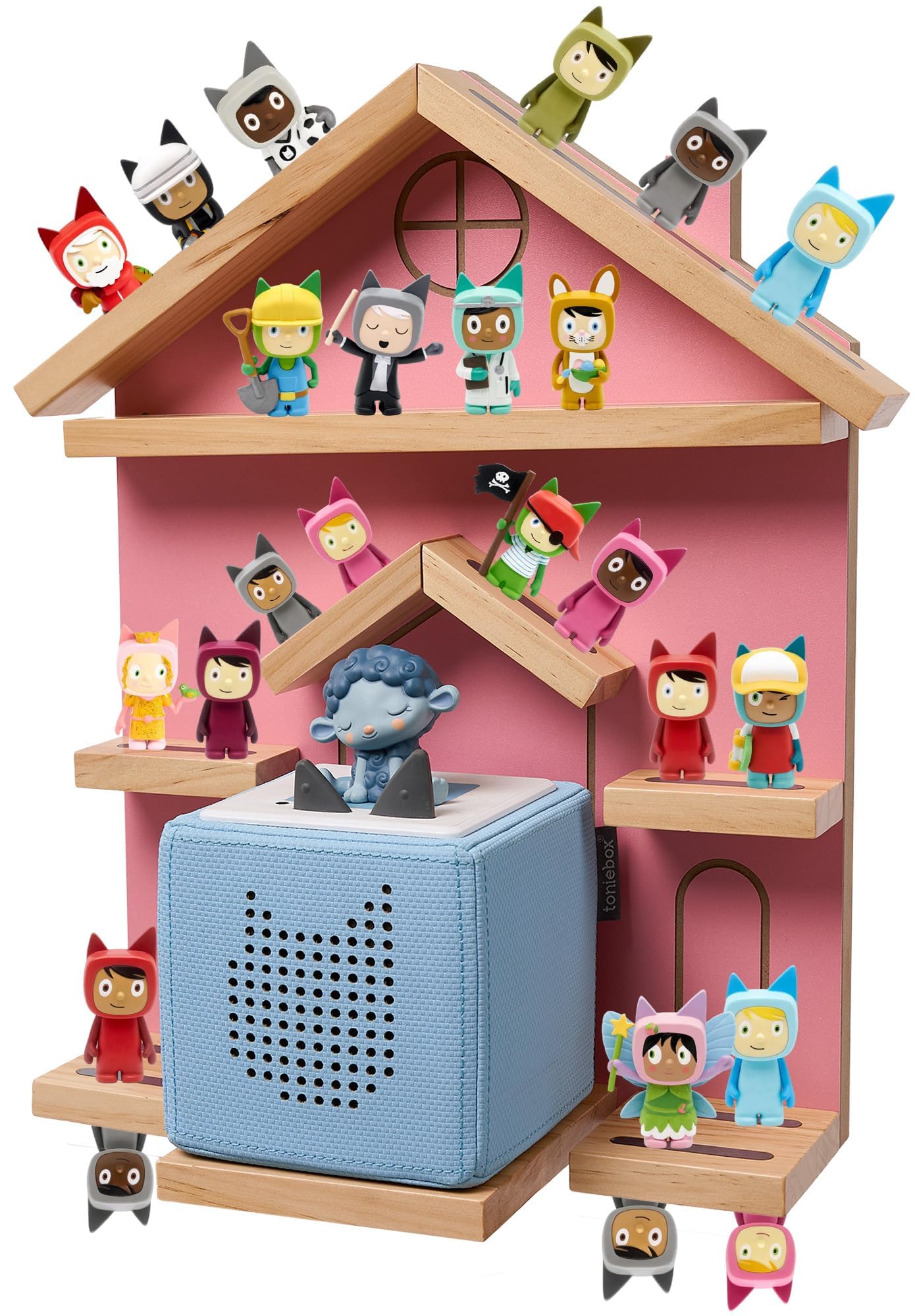 Pink Tonies Storage Shelf,Pine Wood Floating Wall Shelves for Toniebox 1 and Toniebox 2, Magnetic Organizer Shelf Compatible with Toniebox Player and Figures Storage, Holds 30-40 Tonies for Nursery — image 1