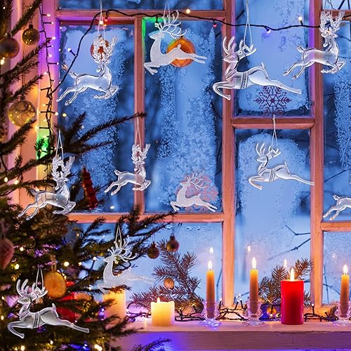 Miniatura 4 de Bencailor 6 adornos acrílicos de reno para árbol de Navidad, cascanueces de cristal, estatuilla colgante de baile, adornos decorativos de ciervo