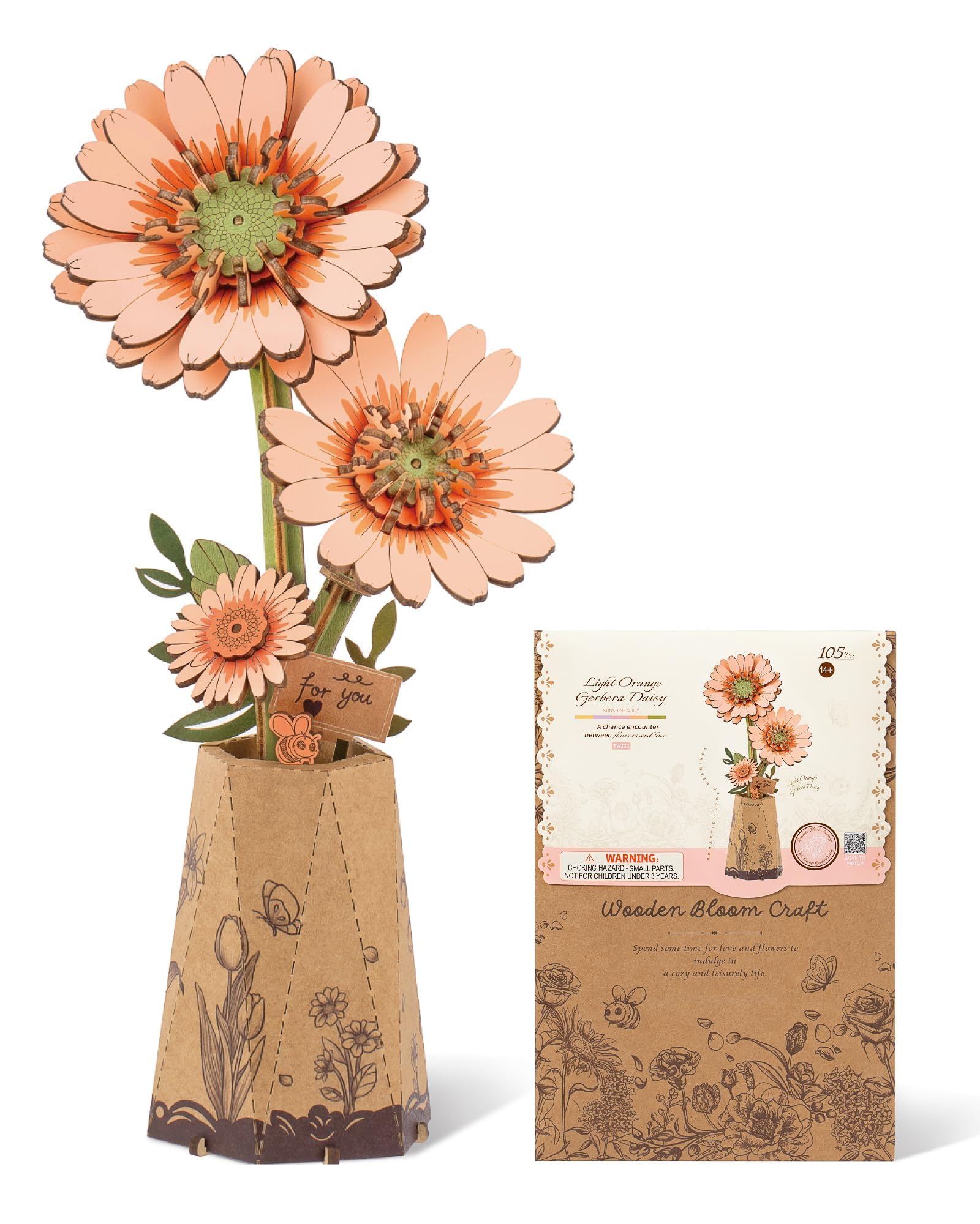 ROBOTIME 3D Puzzle Light Orange Gerbera Daisy TW111, DIY Wooden