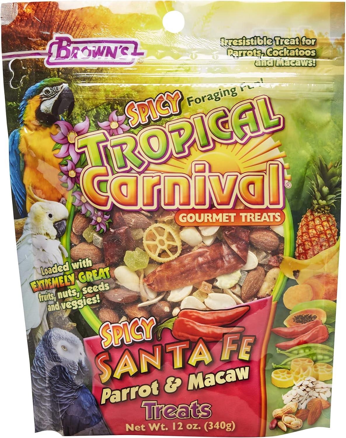 F.M. Brown's Tropical Carnival, Gourmet Spicy Santa Fe Parrot and Macaw Treat with Chili Peppers, Fruits, Veggies, and Nuts, 12 oz