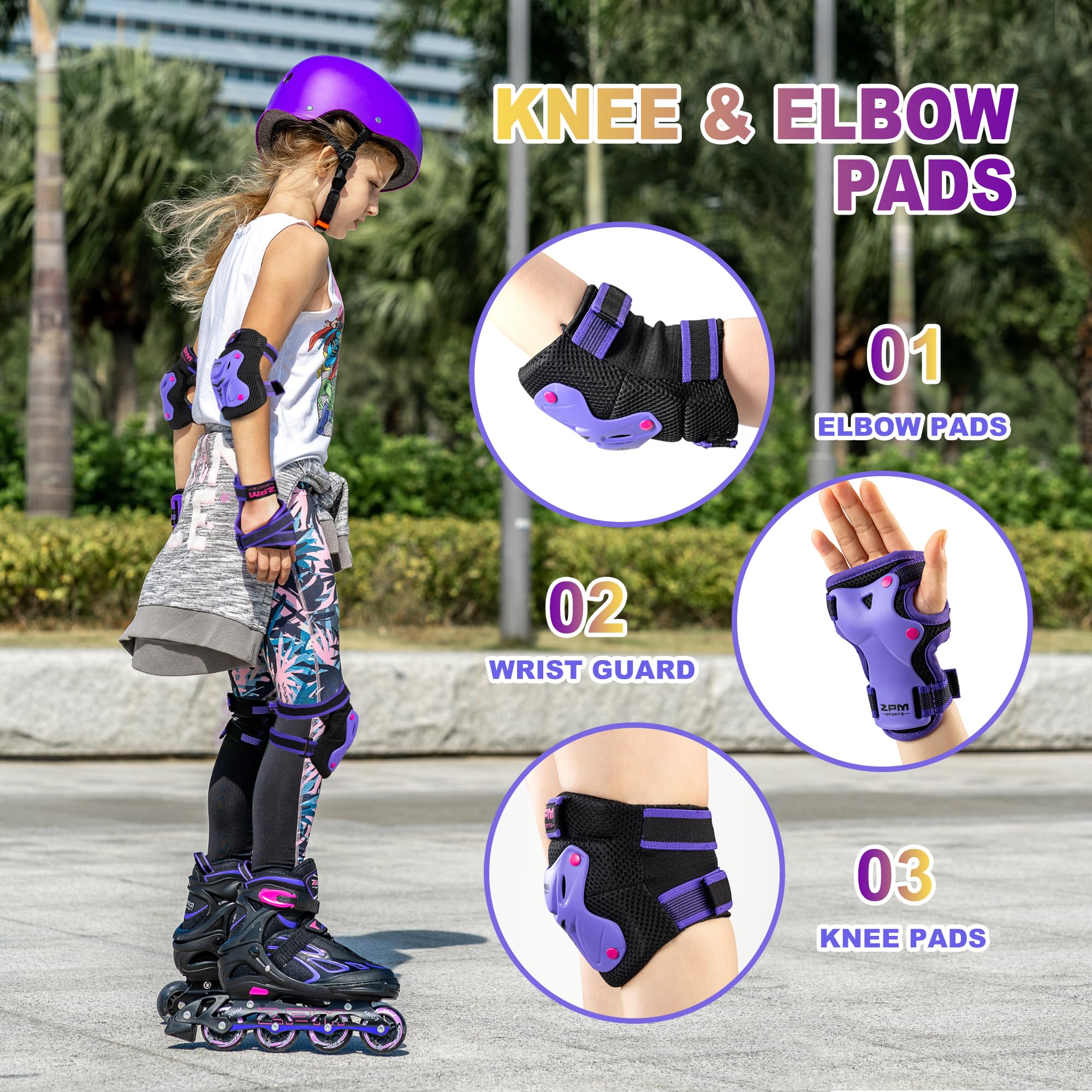 2PM SPORTS Knee Pads for Kids, Wrist Guards Knee and Elbow Pads Set with Drawstring Bag, Protective Gear Set for Girls Boys Roller Skating Cycling Skateboard - Purple Medium