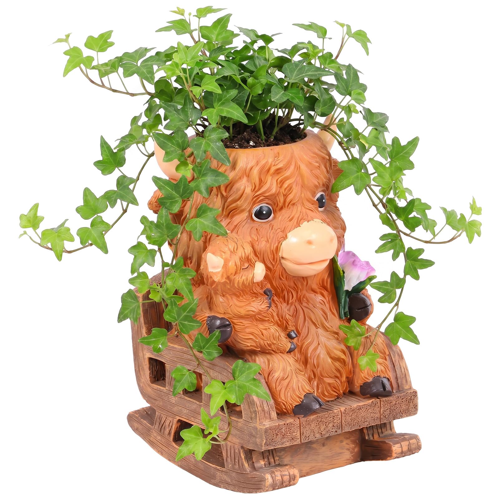 Bpyhebe Cartoon Animal Resin Planter Pot Highland Cow Frog Sitting Bench Succulent Cactus Pot with Drain Hole Indoor Desktop Decor(Parent-Child Cow)