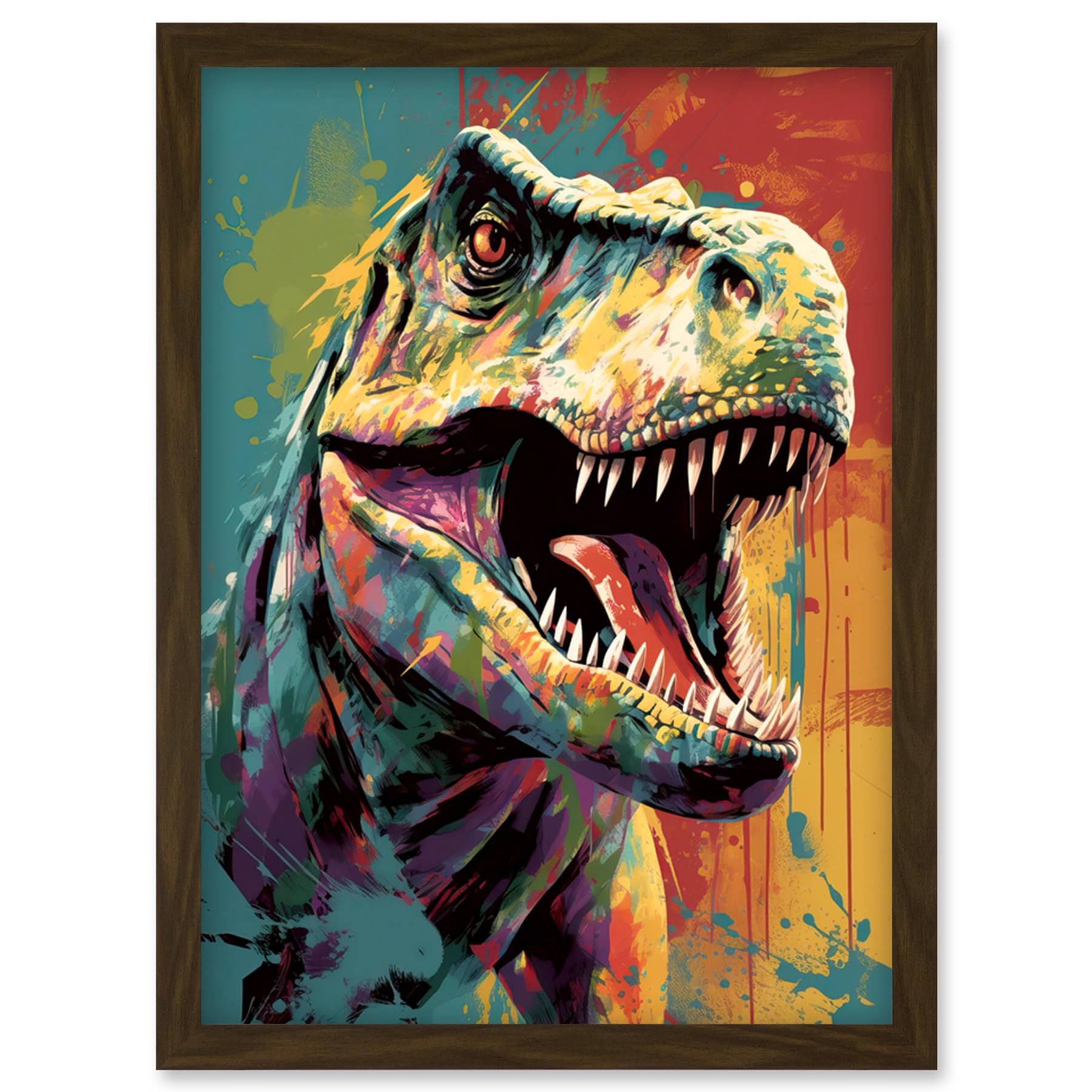 Artery8 Roaring T-Rex Multicoloured Dinosaur Portrait Artwork Framed Wall Art Print A4