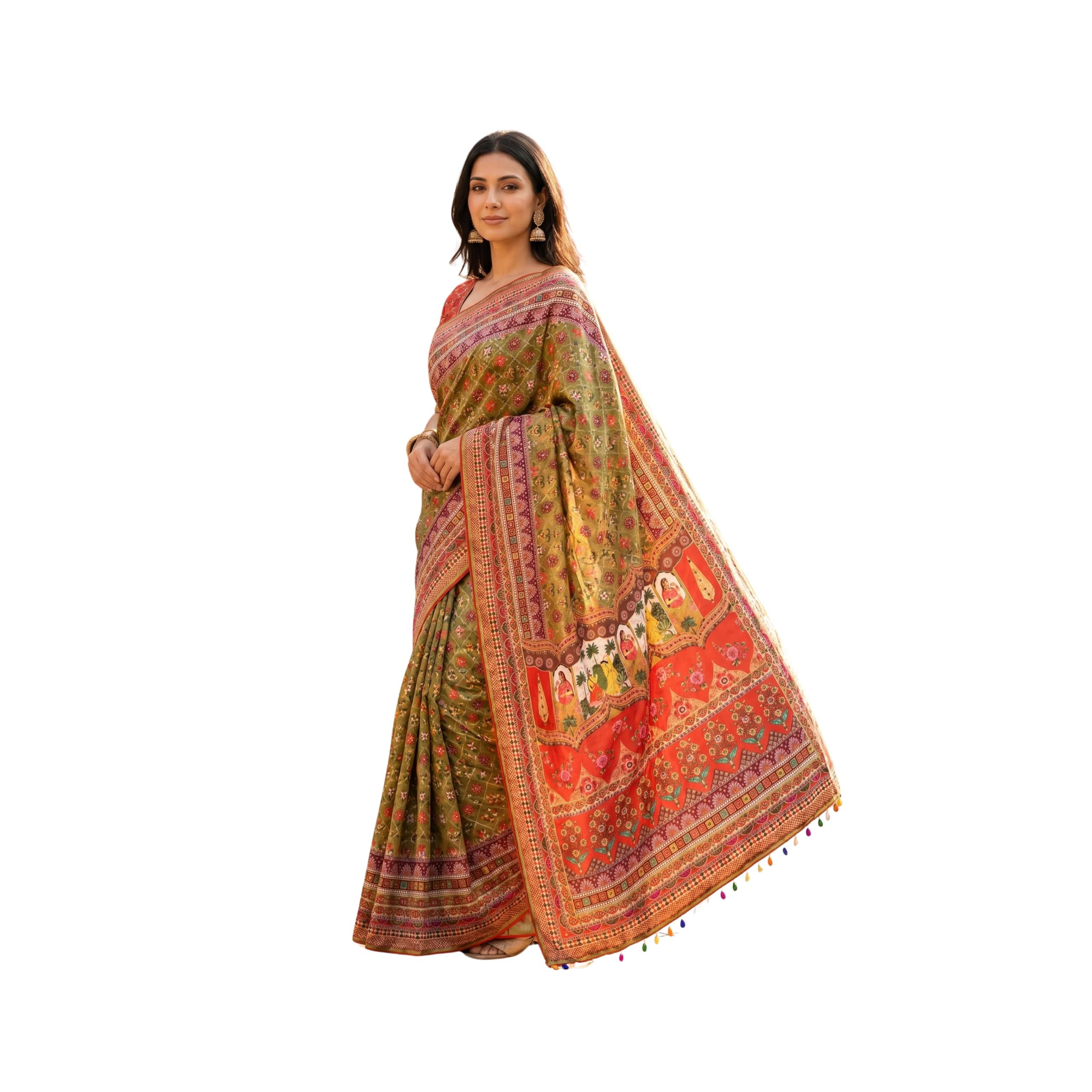Silk Saree for Woman with Ajrakh Print, Real Mirror Work, Piping Border & Kodi Latkan | Traditional Designer Saree for Women with Unstitched Blouse Piece-picture-12