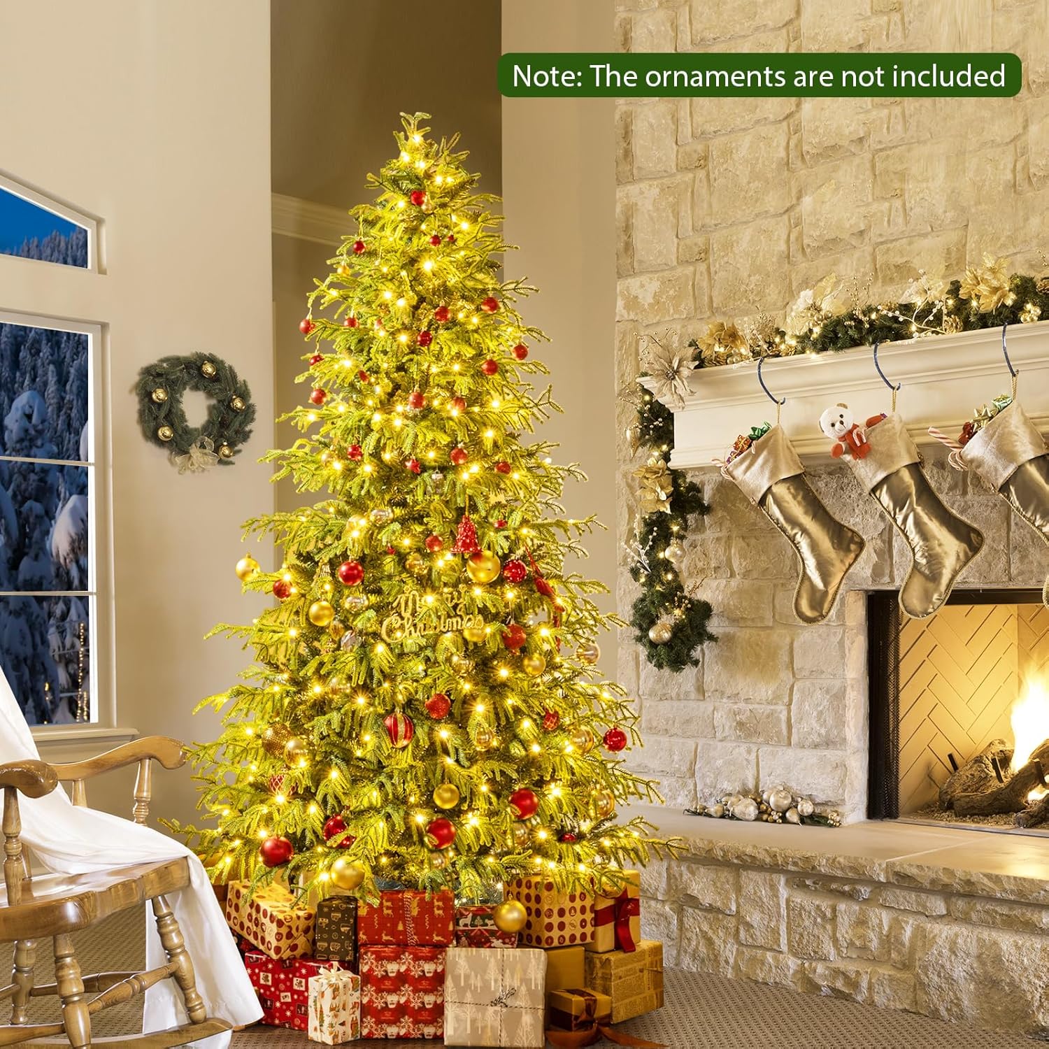 GOFLAME 7FT Pre-lit Artificial Christmas Tree, Hinged Xmas Tree with 370 Warm White LED Lights, 1090 TPE & PVC Mixed Branch Tips & Folding Metal Stand, Holiday Decoration Tree for Home Office Party