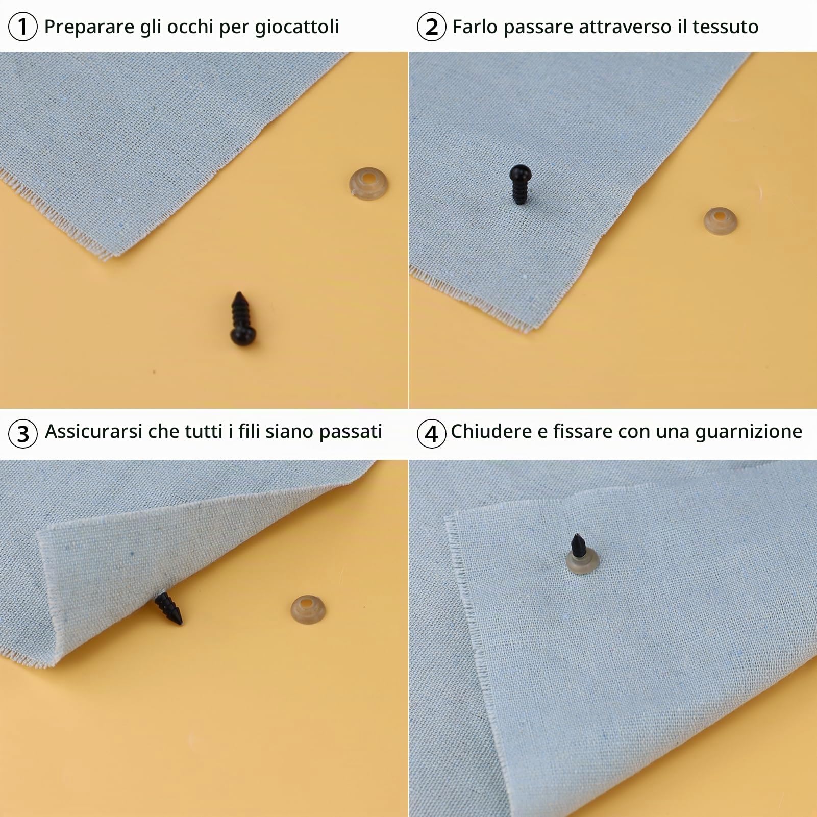 220 Occhielli di Sicurezza per Animali all'Uncinetto, in plastica, 6 mm, Colore Nero, Amigurumis, Occhi per Animali di Peluche, Occhi delle Bambole con rondelle Peluche Fai