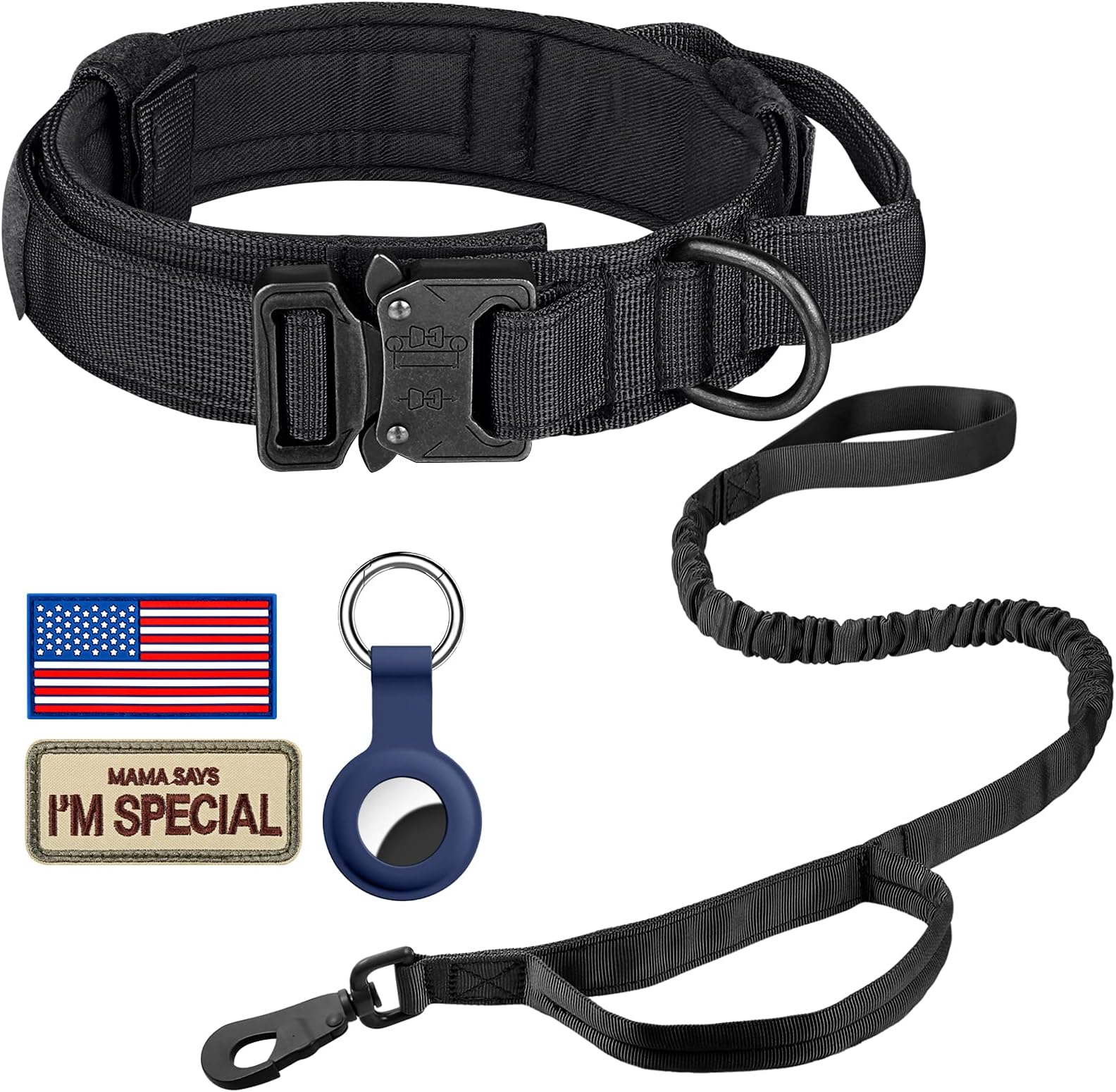 DAGANXI Tactical Dog Collar Leash Set, Adjustable Military Training Nylon Dog Collar with Controll Handle and Heavy Metal Buckle for Medium and Large Dogs，with Patches and Airtags Case (M, Black-Set)
