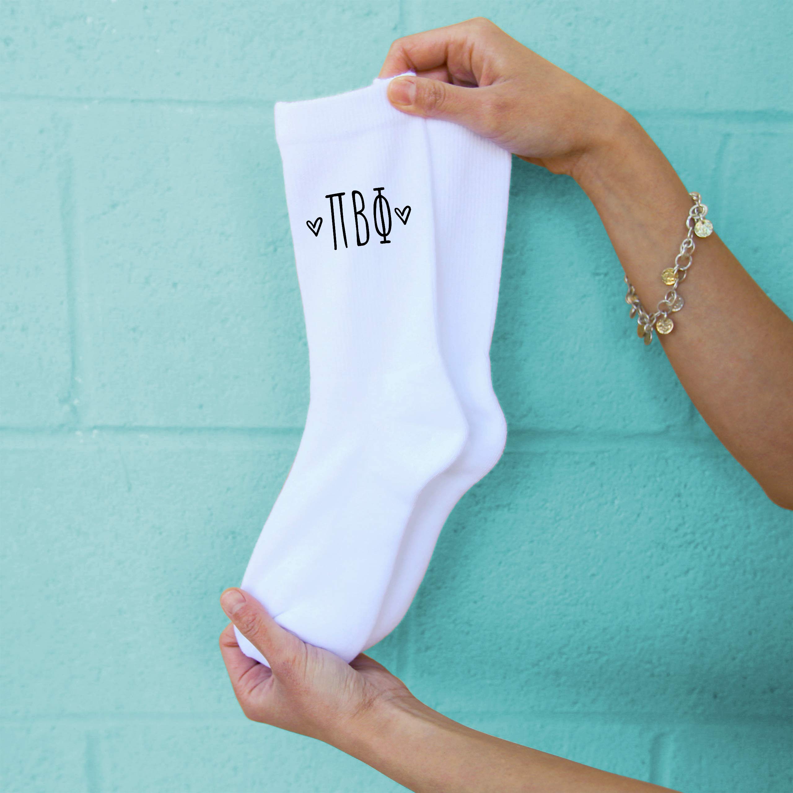 Pi Beta Phi - Sorority Letters with Hearts Greek Letter Crew Socks - White, Pink and Heather Gray