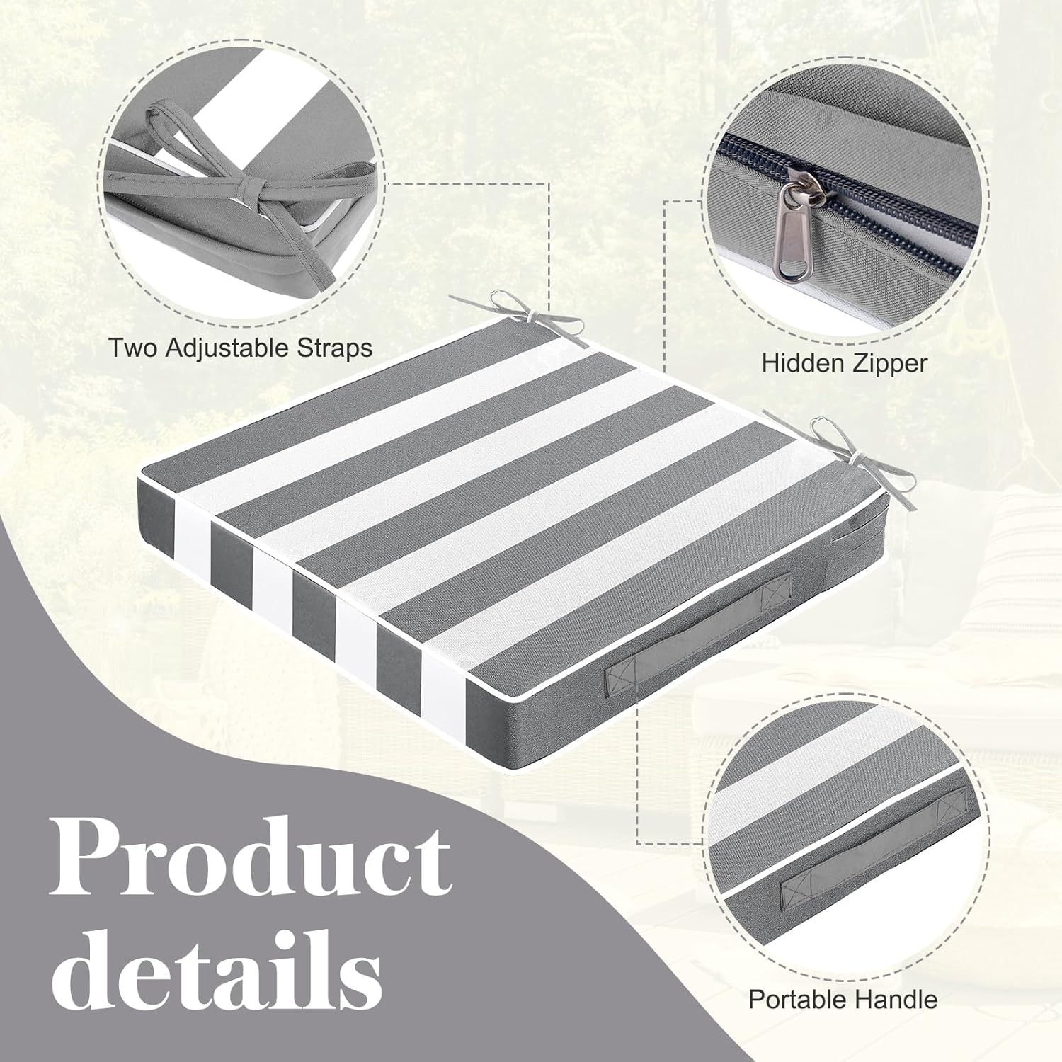Leinuosen 4 Pcs Patio Cushion Covers 19'' x 19'' x 3'' Outdoor Cushion Covers Replacement Waterproof Slipcover Furniture Protectors with Zipper Ties Handle, Cover Only(Stone Grey Cabana Stripe)