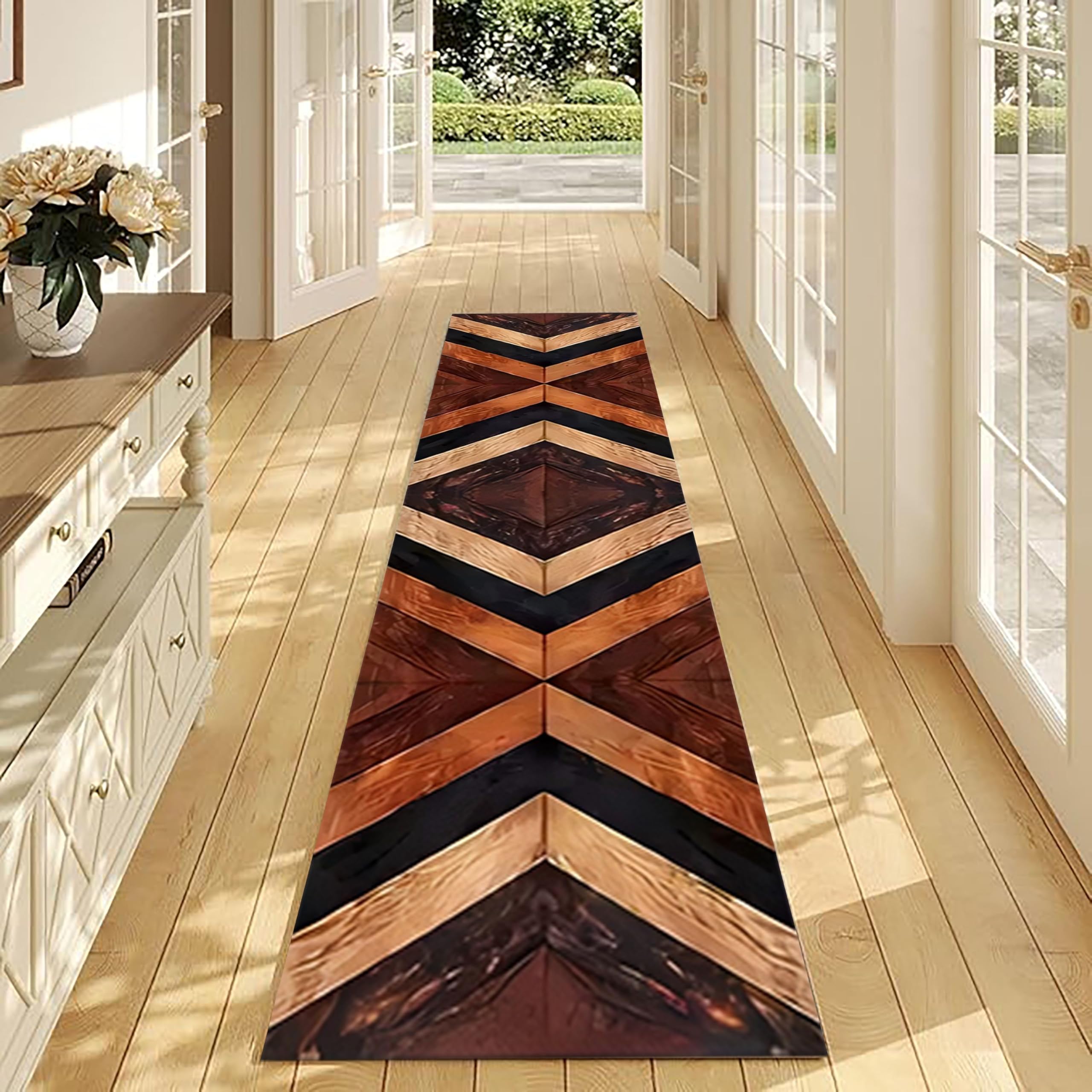 USHIRUG Geometric Runner Rug, 60x300cm,Vintage Brown Geometric Long Hallway Rugs, Non-Slip Washable Durable Low Pile Kitchen Mat, Indoor Extra Long Rugs for Entryway Living Room Bathroom Floor Mat