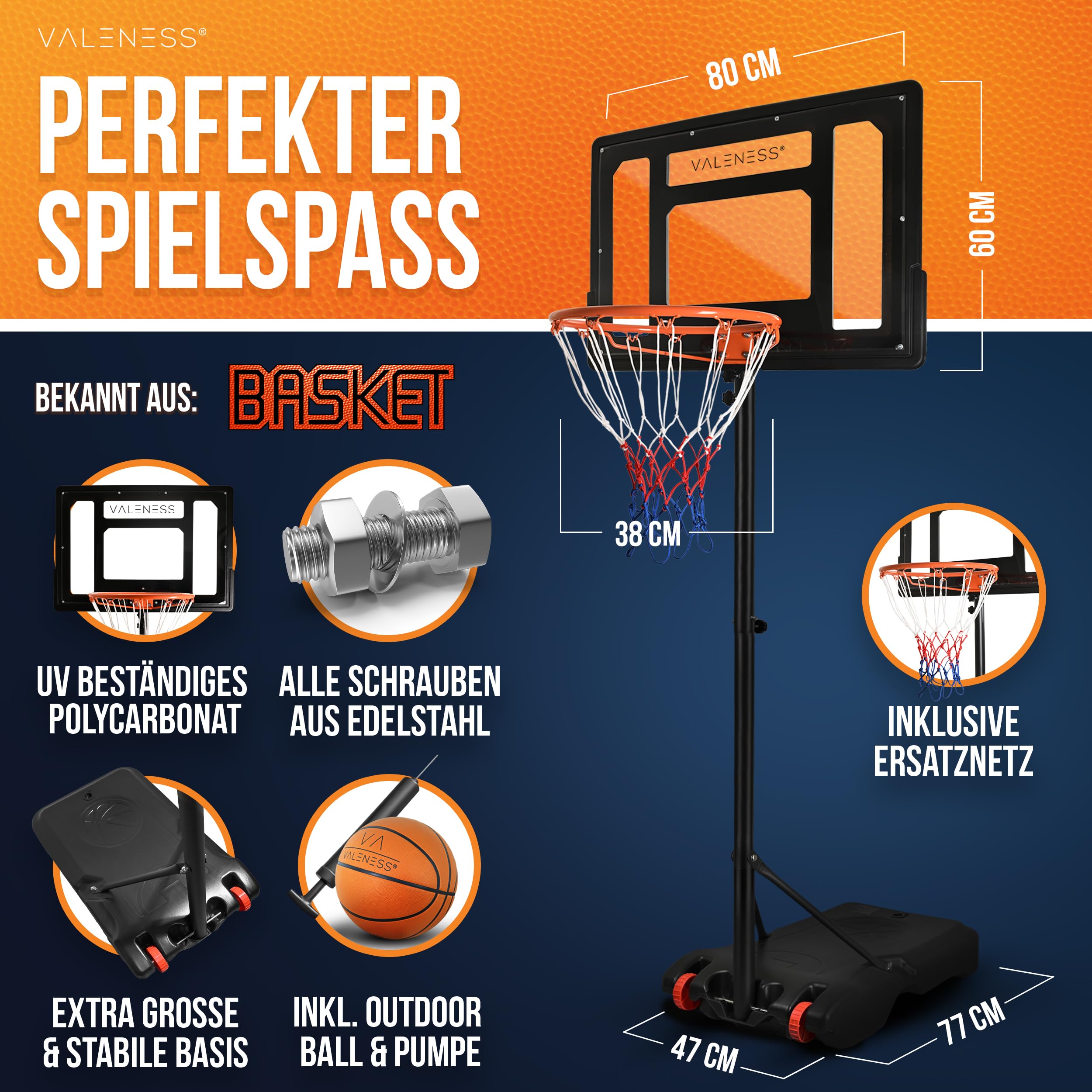 VALENESS Basketballkorb Outdoor Höhenverstellbar Wetterfest Profi Korb mit Basketball und Pumpe