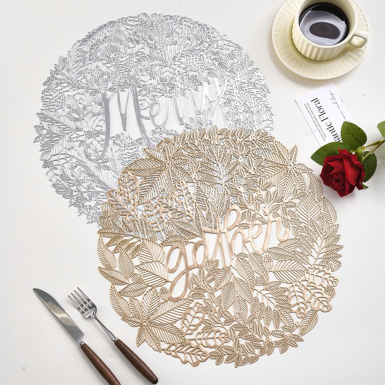 KnSam 10er Tisch-Sets Zum Geburtstag 38cm, Blätter Muster Tischmatten PVC, Abwaschbar Junge Platzset Rund für Küche Restaurant und Hotel, Gold